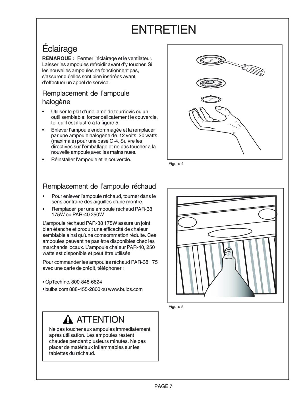 Thermador PH54CS, PH48CS manual Entretien, Éclairage, Remplacement de l’ampoule halogène, Remplacement de l’ampoule réchaud 