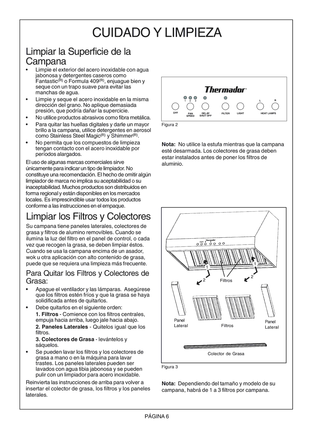 Thermador PH42CS, PH54CS, PH48CS Cuidado Y Limpieza, Limpiar la Superficie de la Campana, Limpiar los Filtros y Colectores 