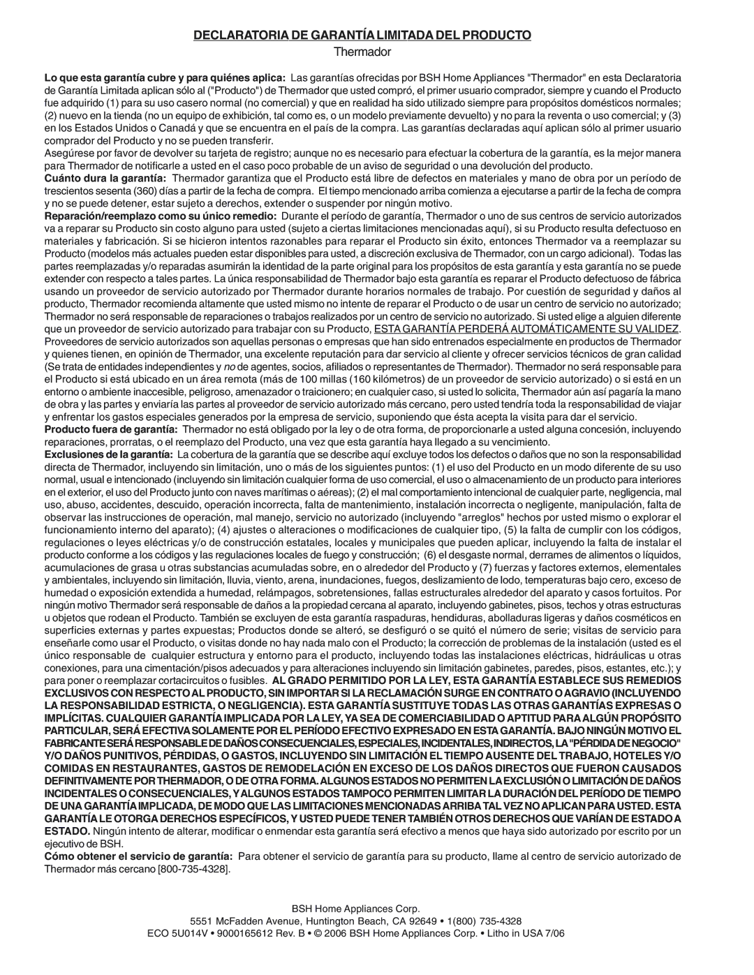 Thermador PH30CS, PH54CS, PH48CS, PH42CS, PH36CS manual Declaratoria DE Garantía Limitada DEL Producto 