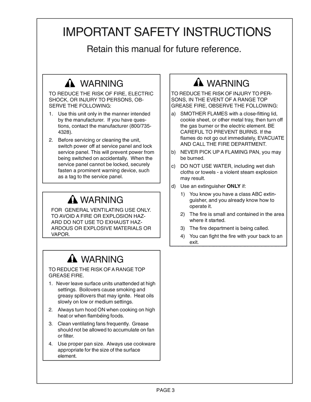 Thermador PH36CS, PH54CS, PH48CS, PH42CS, PH30CS Important Safety Instructions, Retain this manual for future reference 