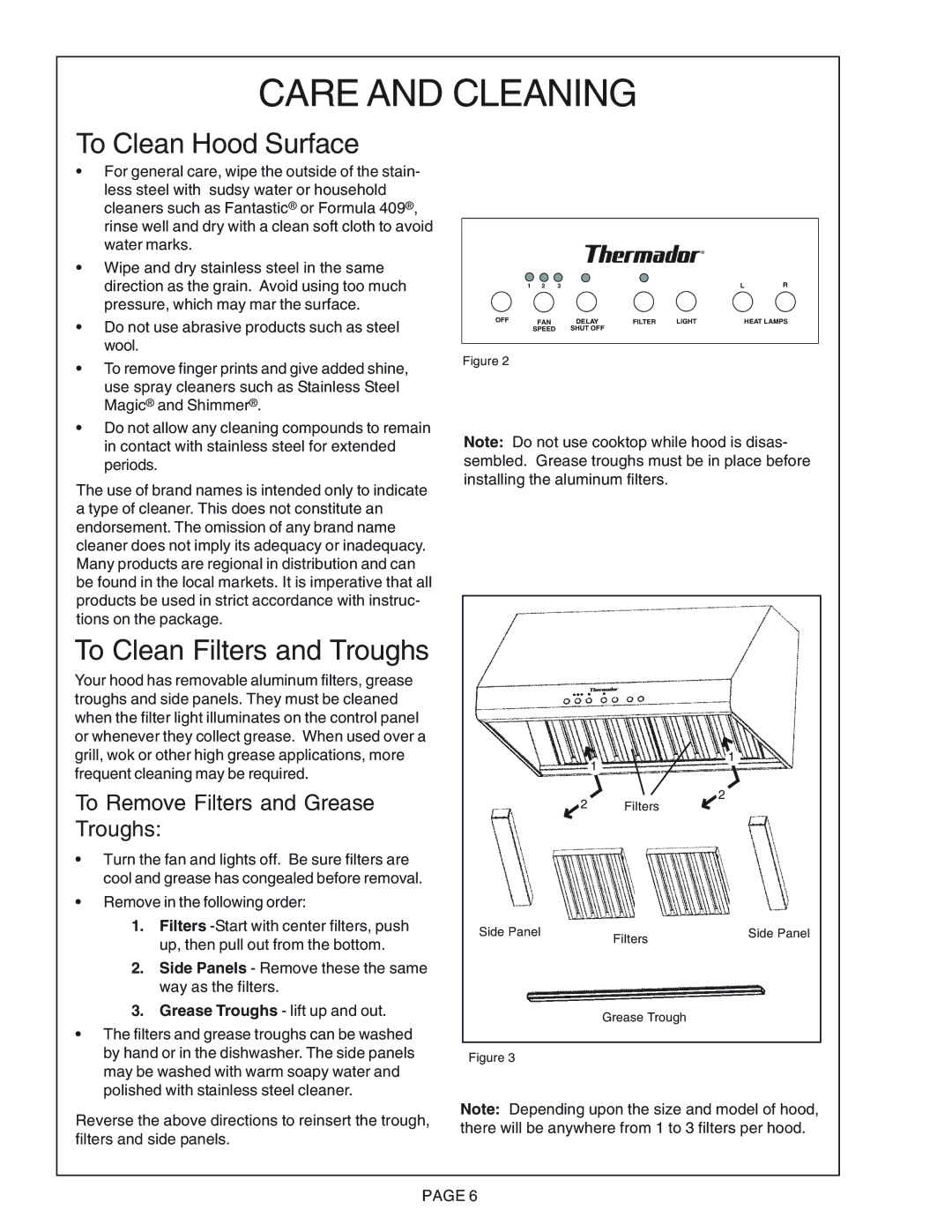 Thermador PH48CS, PH54CS, PH42CS, PH36CS, PH30CS manual Care and Cleaning, To Clean Hood Surface, To Clean Filters and Troughs 