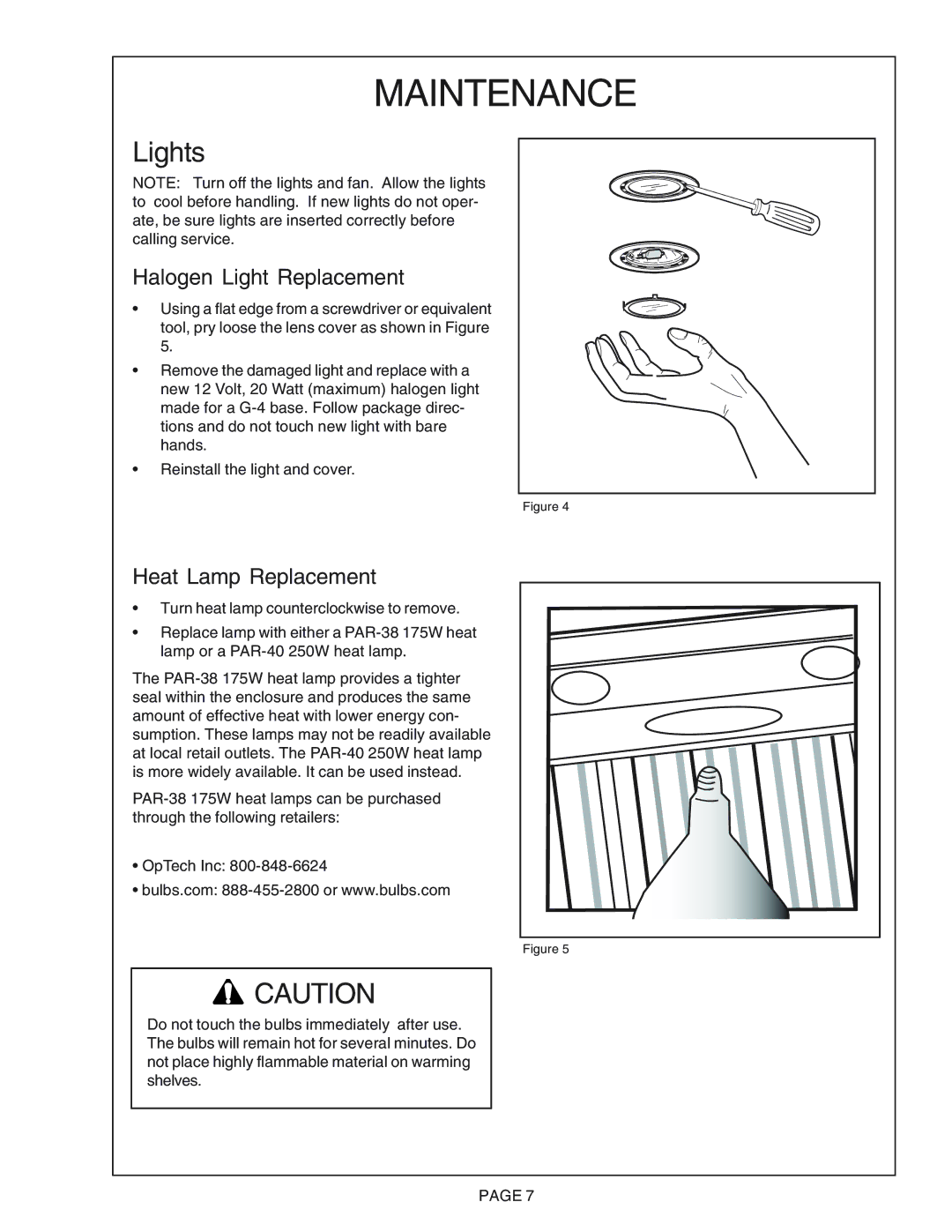 Thermador PH42CS, PH54CS, PH48CS, PH36CS, PH30CS manual Maintenance, Lights, Halogen Light Replacement, Heat Lamp Replacement 