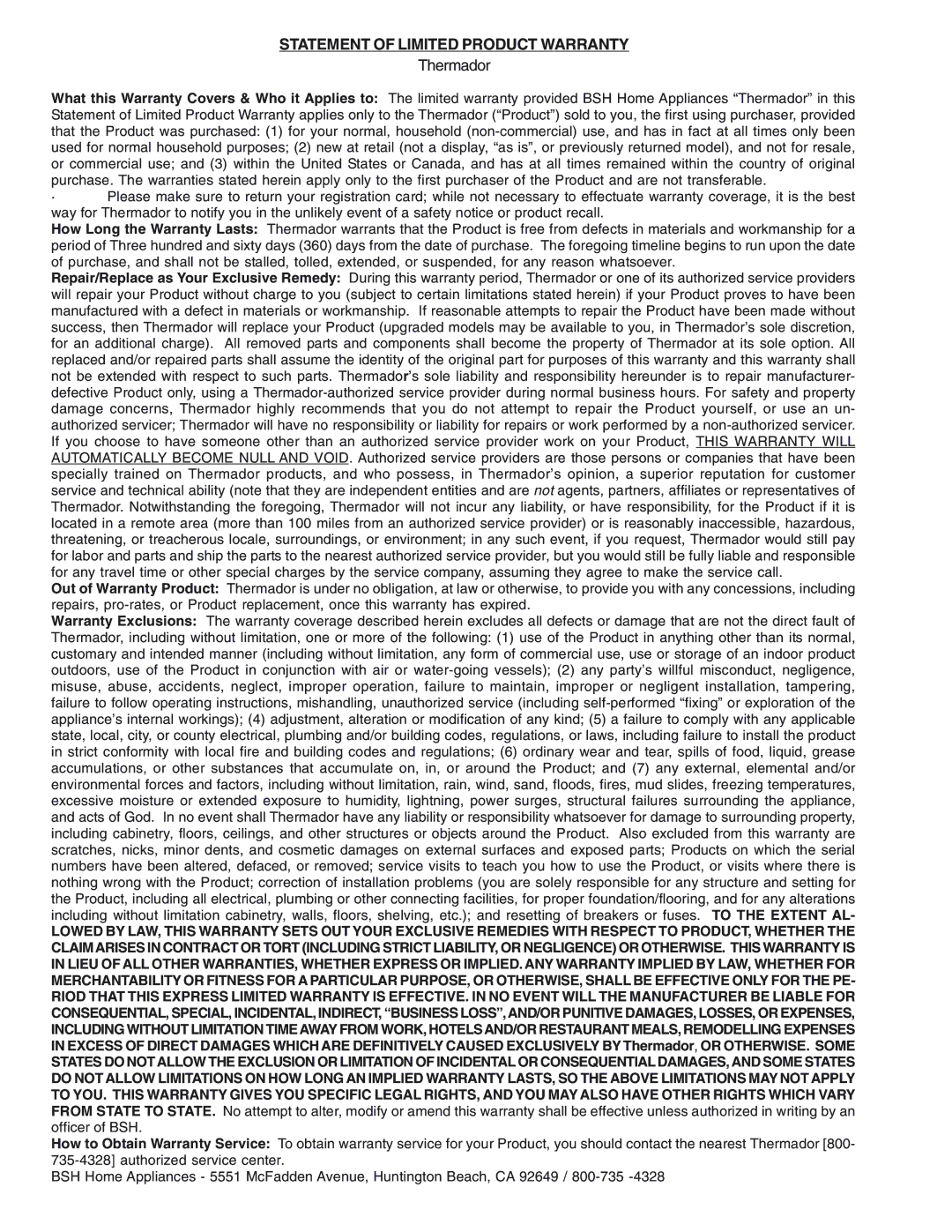 Thermador PH36CS, PH54CS, PH48CS, PH42CS, PH30CS manual Statement of Limited Product Warranty 