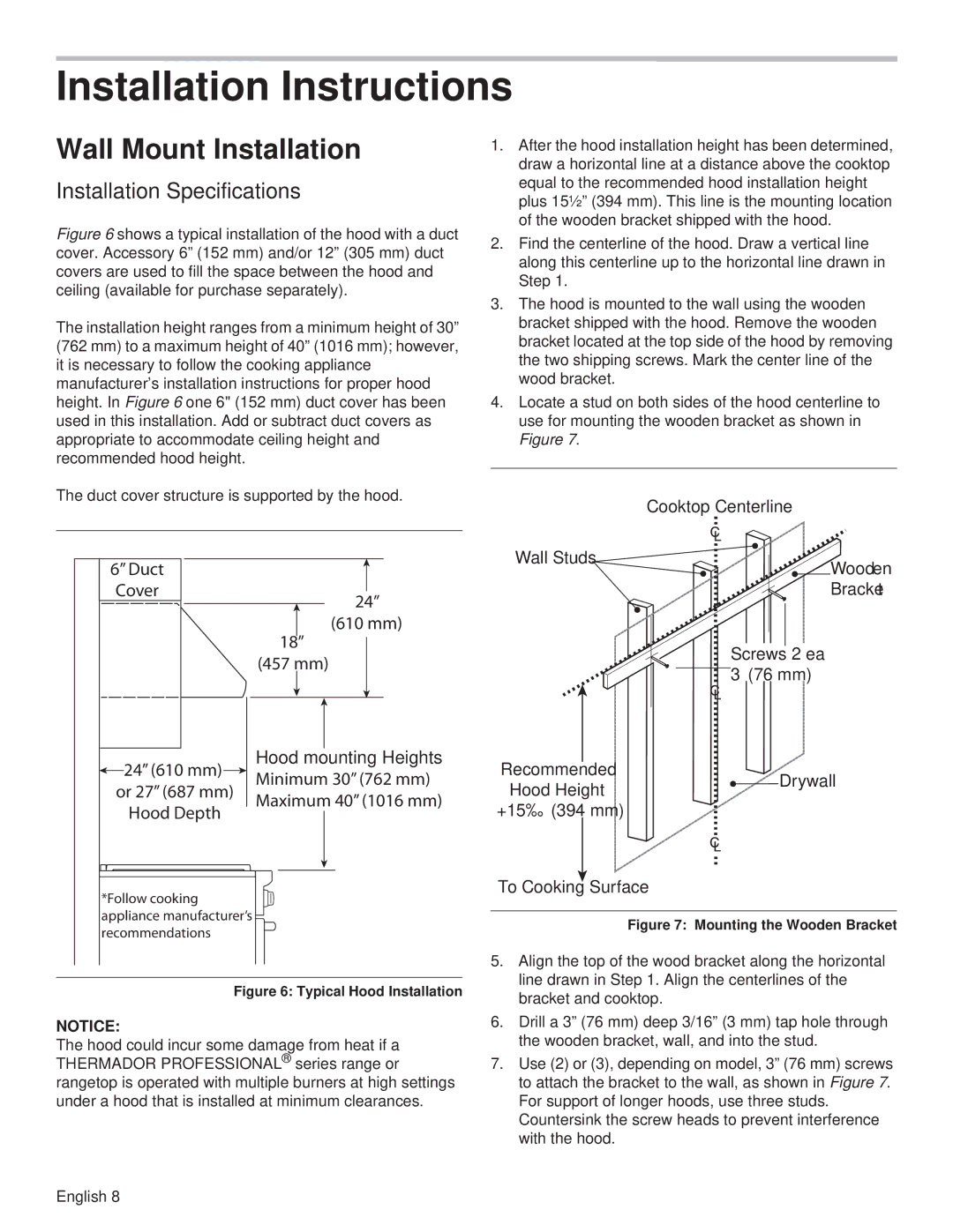 Thermador PH42GS Installation Instructions, Wall Mount Installation, Installation Specifications, Hood mounting Heights 