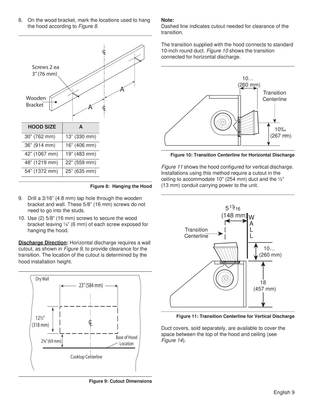 Thermador PH36HS, PH54GS, PH48HS, PH48GS, PH42GS, PH30HS, PH36GS installation manual Wooden Bracket, Hood Size 