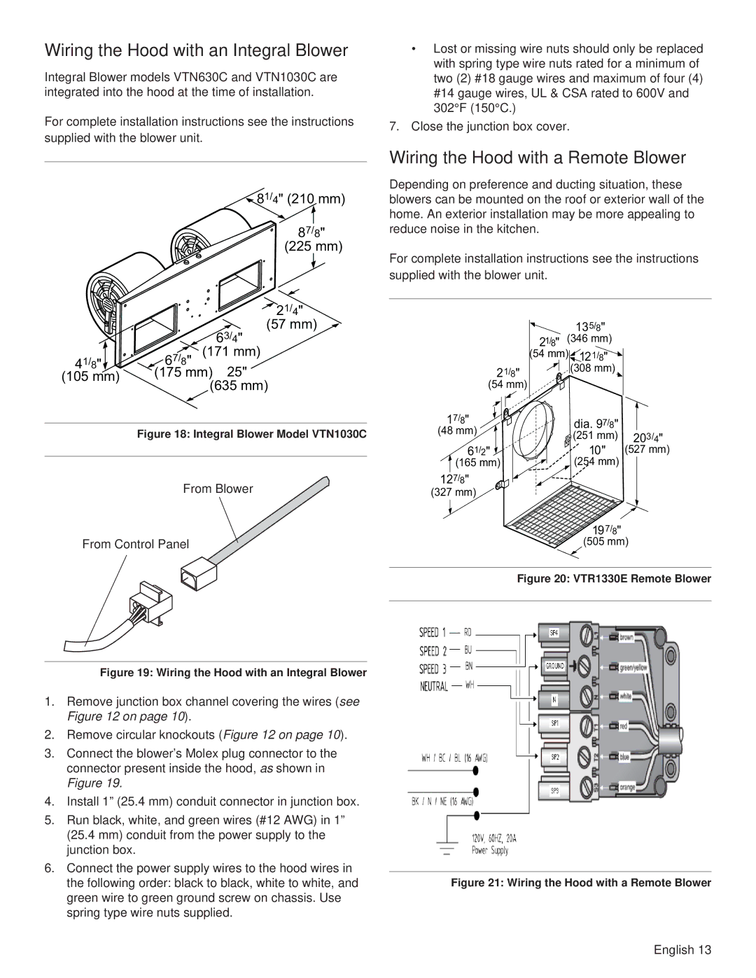 Thermador PH48HS, PH54GS, PH48GS, PH42GS Wiring the Hood with an Integral Blower, Wiring the Hood with a Remote Blower 