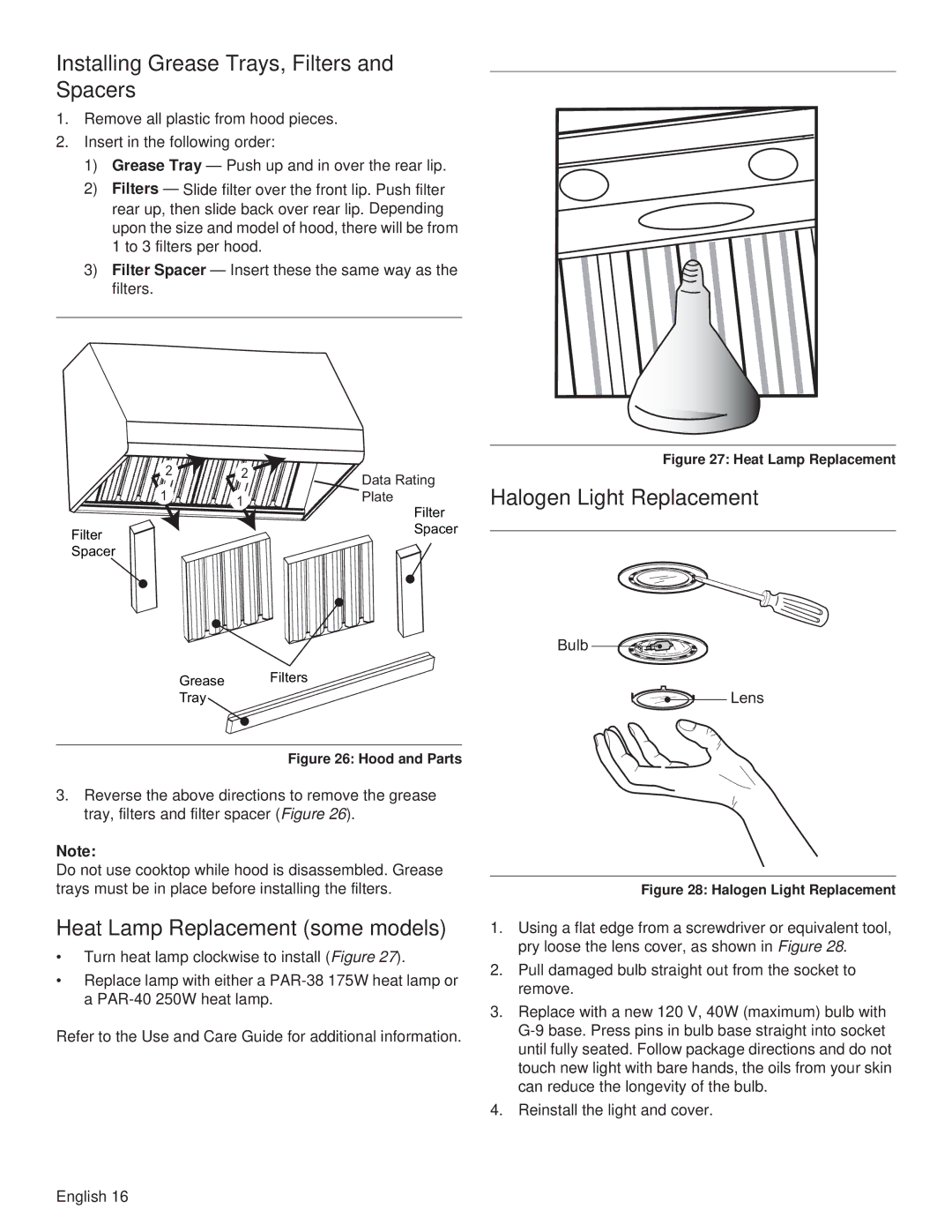 Thermador PH36HS, PH54GS, PH48HS, PH48GS, PH42GS Installing Grease Trays, Filters and Spacers, Halogen Light Replacement 