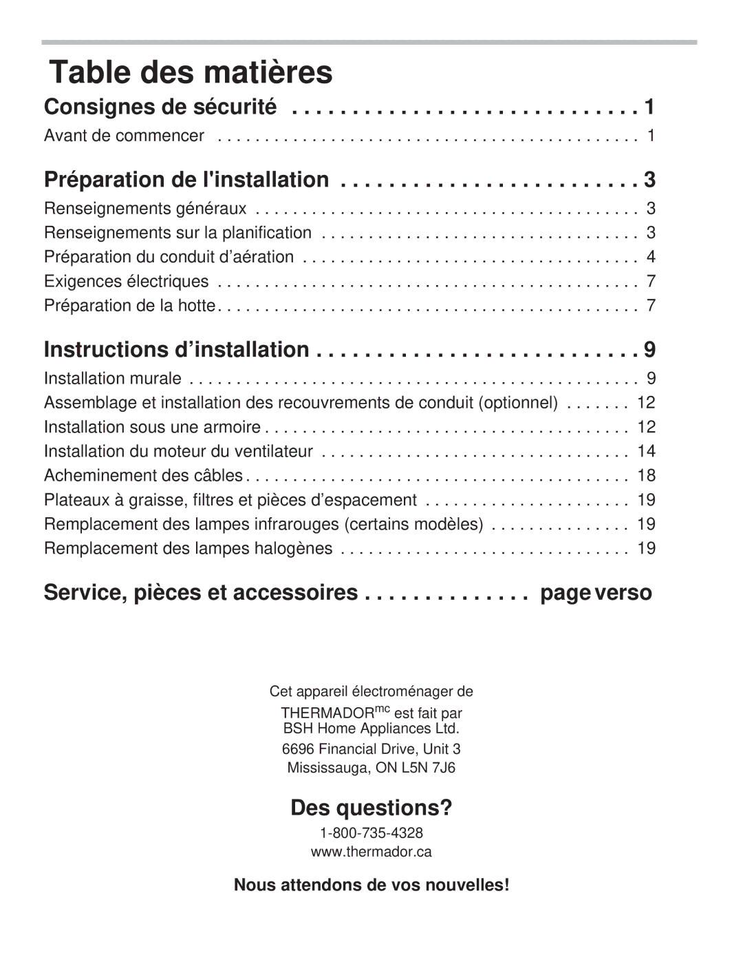 Thermador PH30HS Table des matières, Consignes de sécurité, Préparation de linstallation, Instructions d’installation 