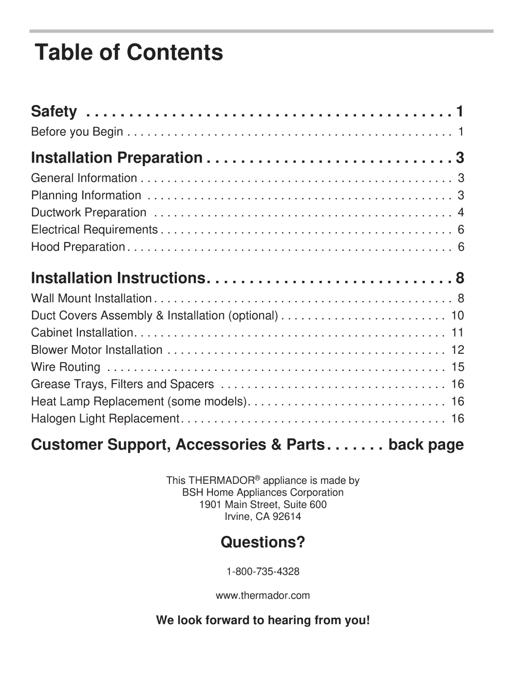 Thermador PH48GS, PH54GS, PH48HS, PH42GS, PH36HS, PH30HS, PH36GS installation manual Table of Contents 