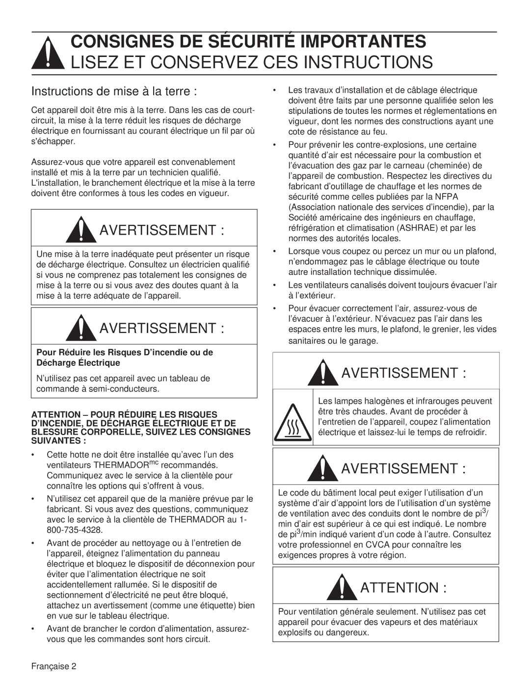 Thermador PH54GS, PH48HS, PH48GS, PH42GS, PH36HS, PH30HS, PH36GS installation manual Instructions de mise à la terre 