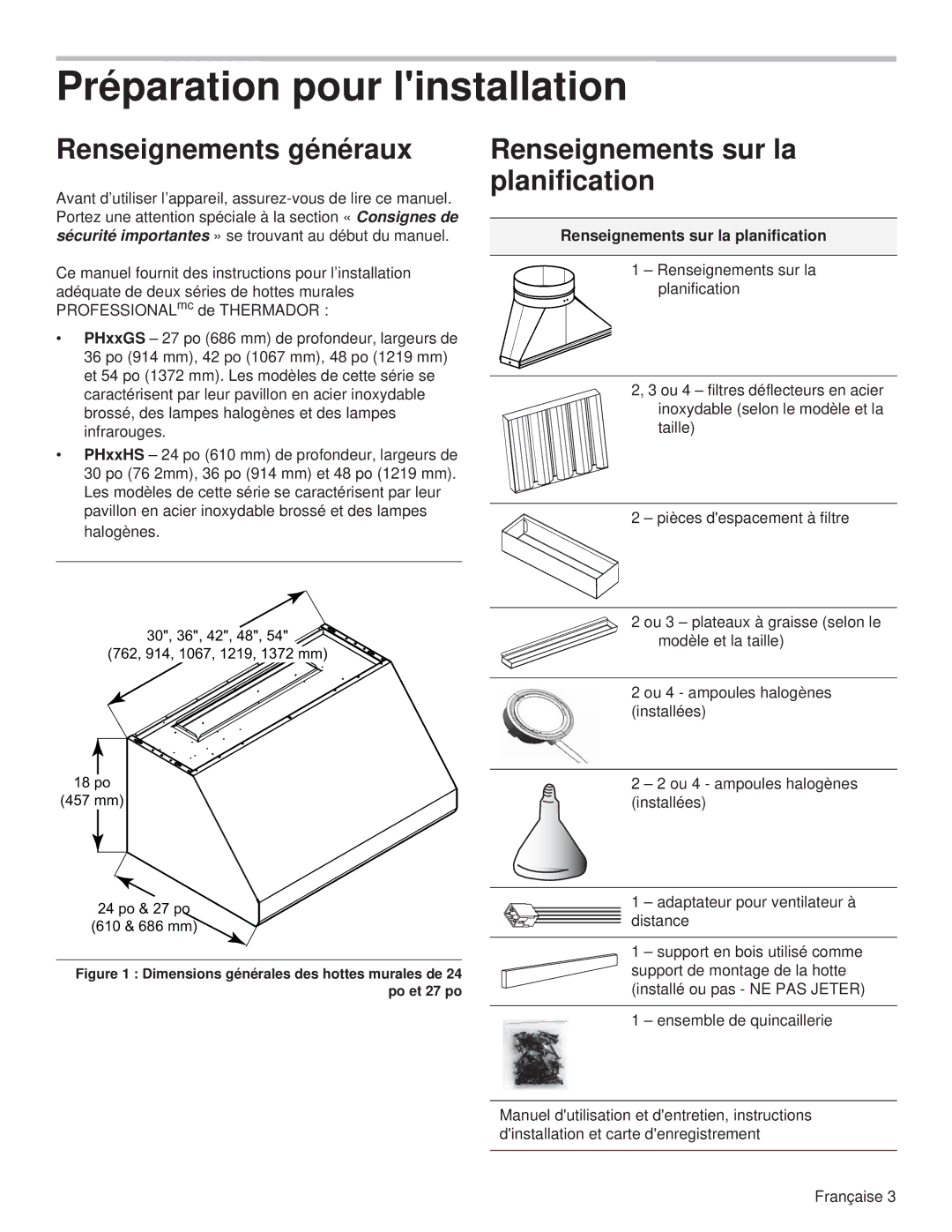 Thermador PH48HS, PH54GS Préparation pour linstallation, Renseignements généraux, Renseignements sur la planification 