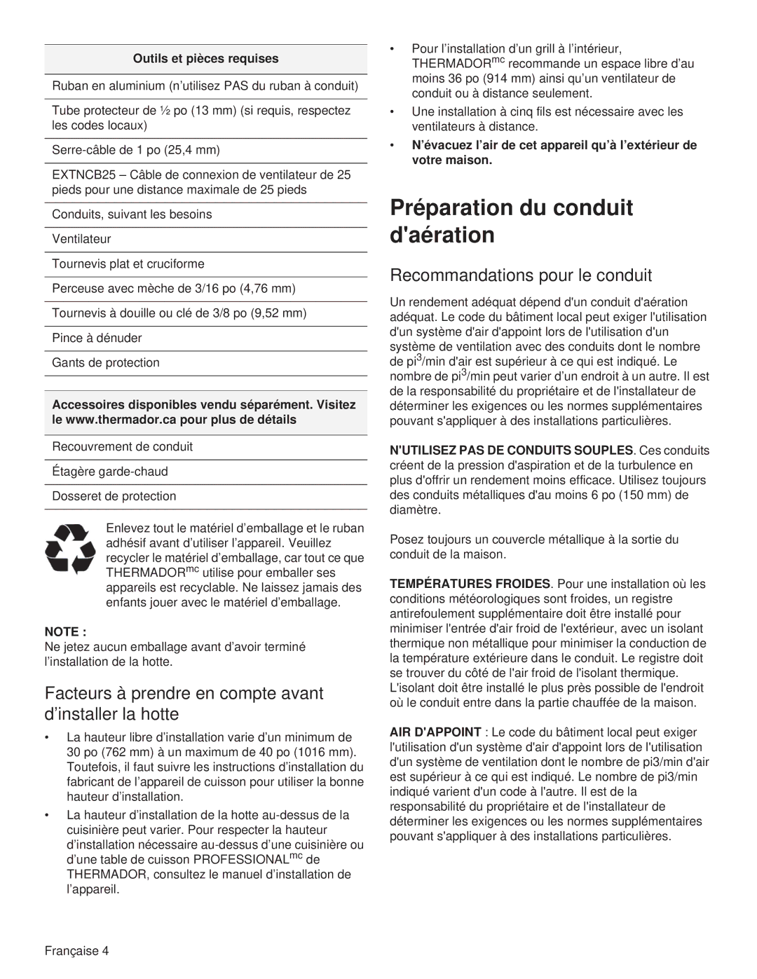 Thermador PH48GS, PH54GS, PH48HS Préparation du conduit daération, Facteurs à prendre en compte avant d’installer la hotte 