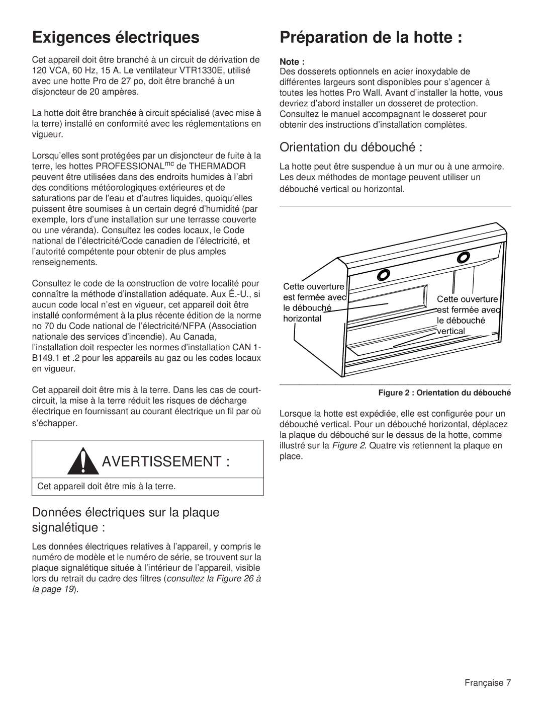 Thermador PH30HS, PH54GS Exigences électriques, Préparation de la hotte, Données électriques sur la plaque signalétique 