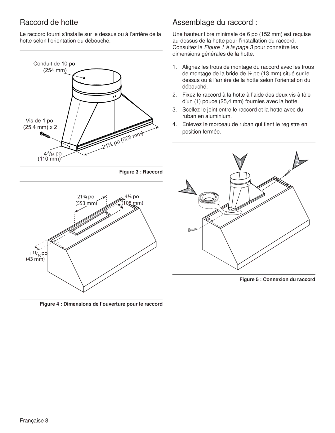 Thermador PH36GS, PH54GS, PH48HS, PH48GS, PH42GS, PH36HS, PH30HS installation manual Raccord de hotte, Assemblage du raccord 