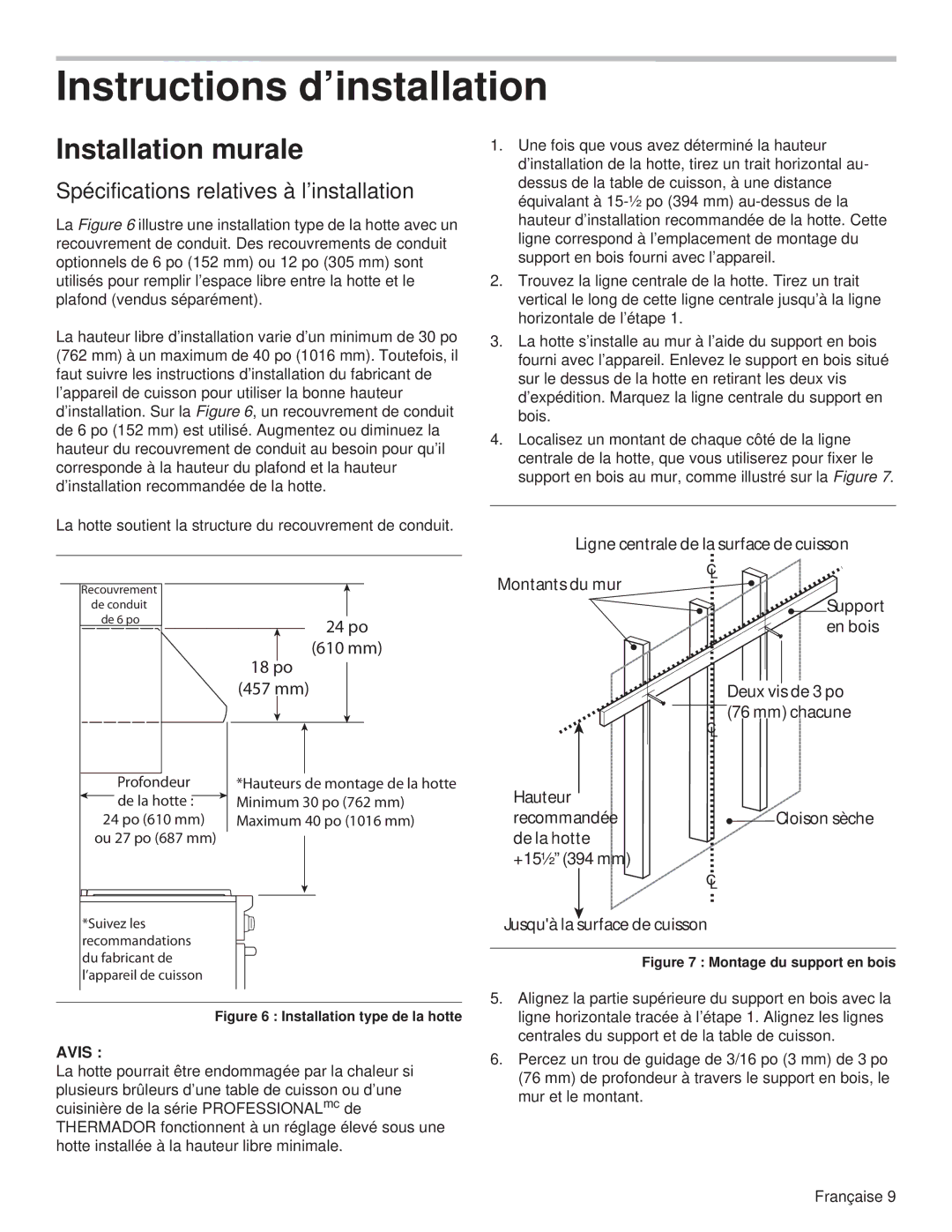 Thermador PH54GS, PH48HS Instructions d’installation, Installation murale, Spécifications relatives à l’installation, Avis 