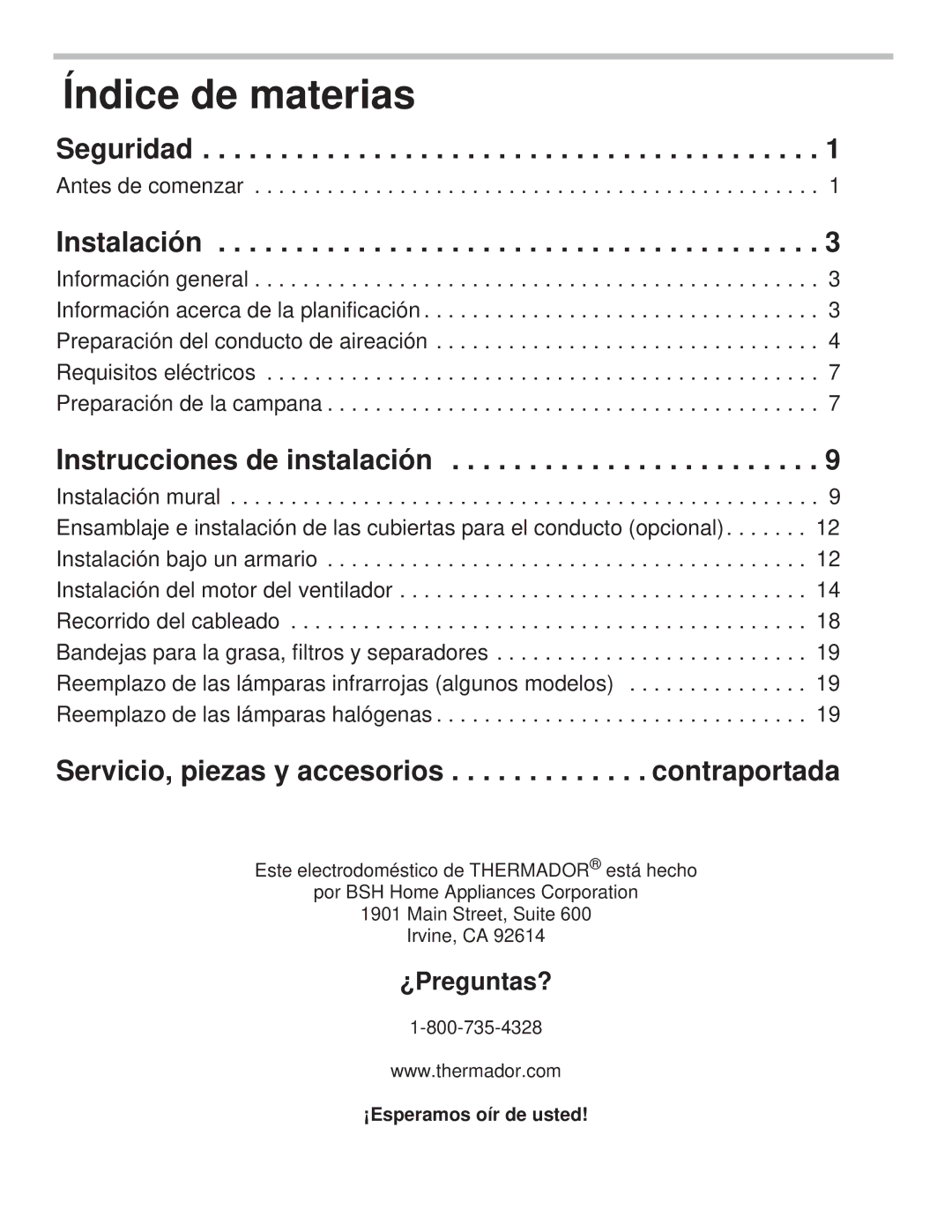 Thermador PH36HS, PH54GS Índice de materias, Seguridad, Instalación, Instrucciones de instalación, Antes de comenzar 