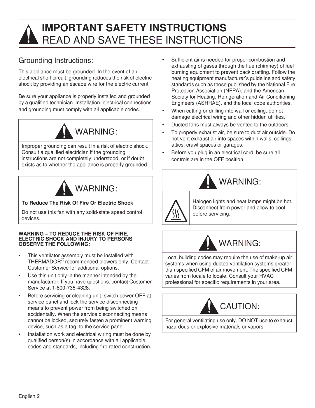 Thermador PH36HS, PH54GS, PH48HS, PH48GS, PH42GS, PH30HS Grounding Instructions, To Reduce The Risk Of Fire Or Electric Shock 