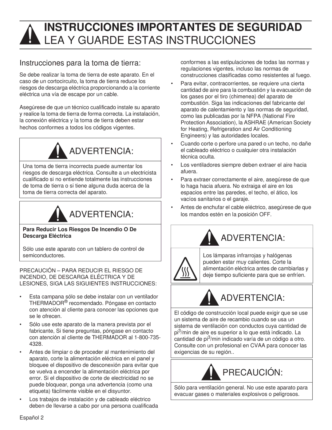 Thermador PH36GS Instrucciones para la toma de tierra, Para Reducir Los Riesgos De Incendio O De Descarga Eléctrica 