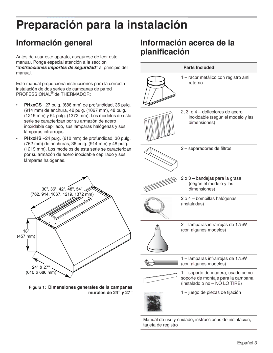 Thermador PH54GS, PH48HS Preparación para la instalación, Información general, Información acerca de la planificación 