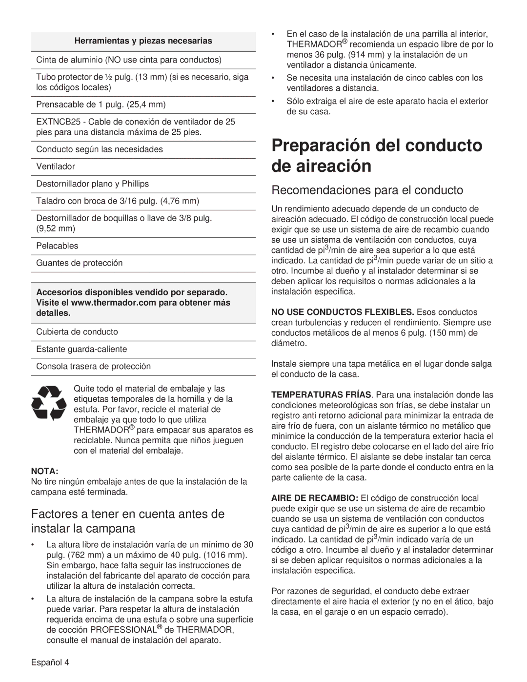 Thermador PH48HS, PH54GS Factores a tener en cuenta antes de instalar la campana, Recomendaciones para el conducto, Nota 