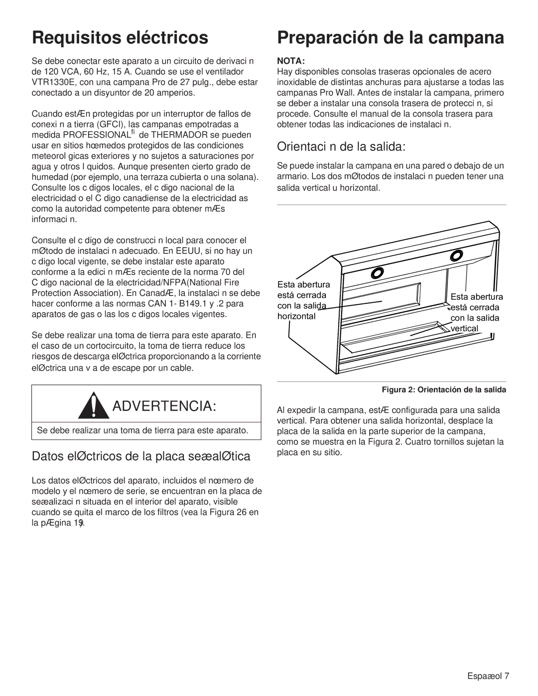 Thermador PH36HS, PH54GS, PH48HS, PH48GS, PH42GS, PH30HS Datos eléctricos de la placa señalética, Orientación de la salida 