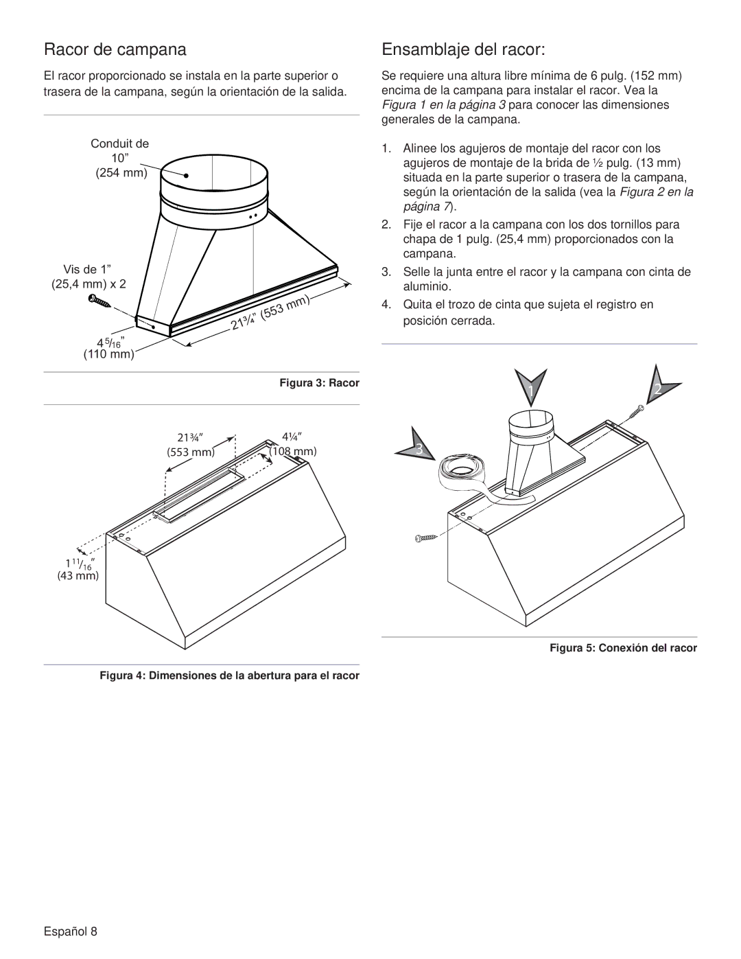 Thermador PH30HS, PH54GS, PH48HS, PH48GS, PH42GS, PH36HS, PH36GS installation manual Racor de campana, Ensamblaje del racor 