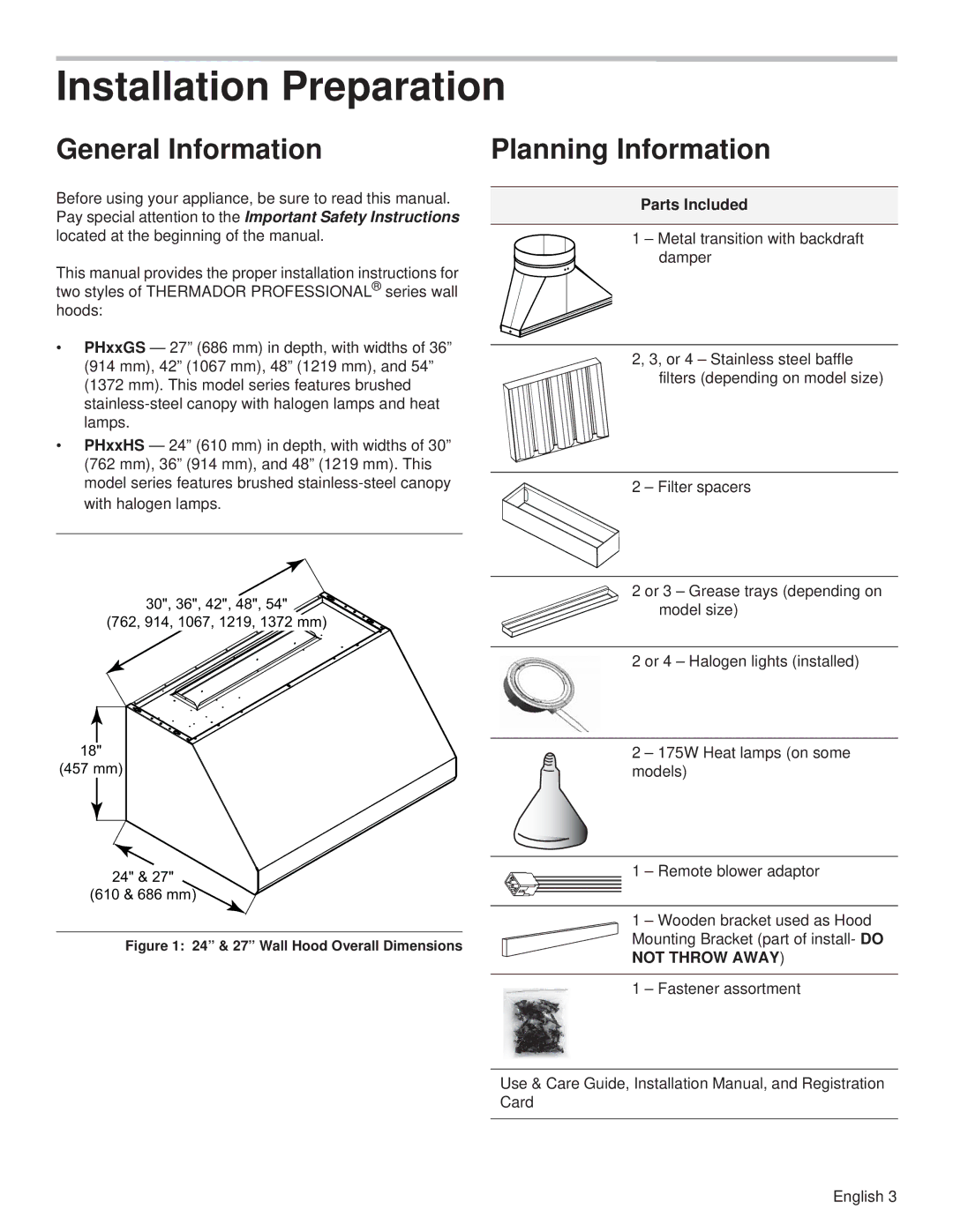 Thermador PH30HS, PH54GS, PH48HS, PH48GS, PH42GS, PH36HS, PH36GS Installation Preparation, General Information, Parts Included 