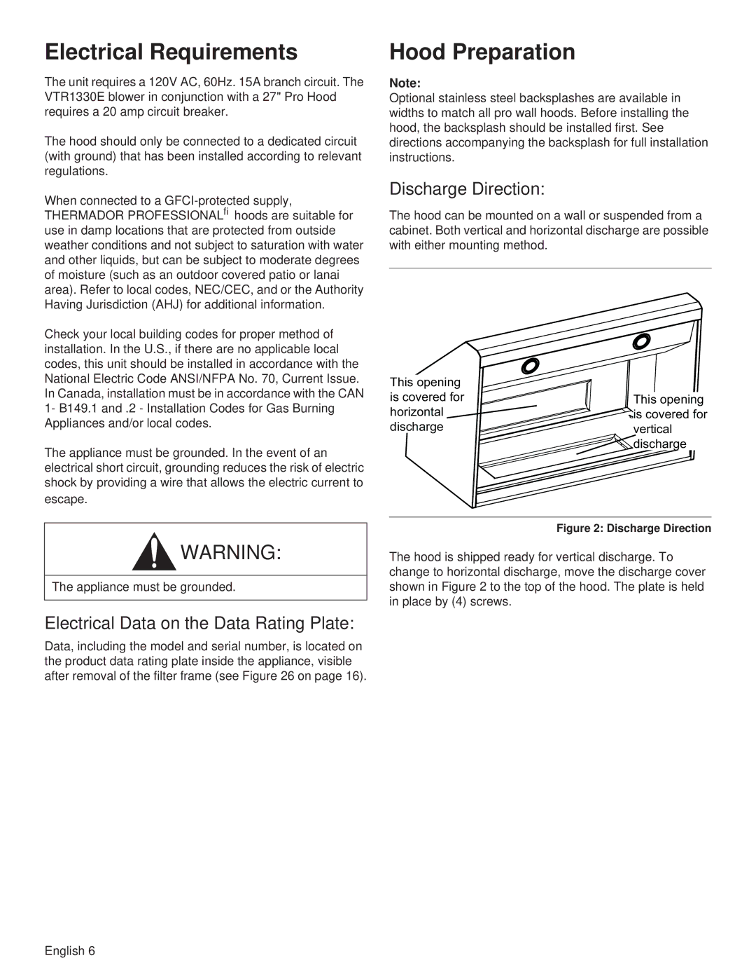 Thermador PH48HS Electrical Requirements, Hood Preparation, Electrical Data on the Data Rating Plate, Discharge Direction 