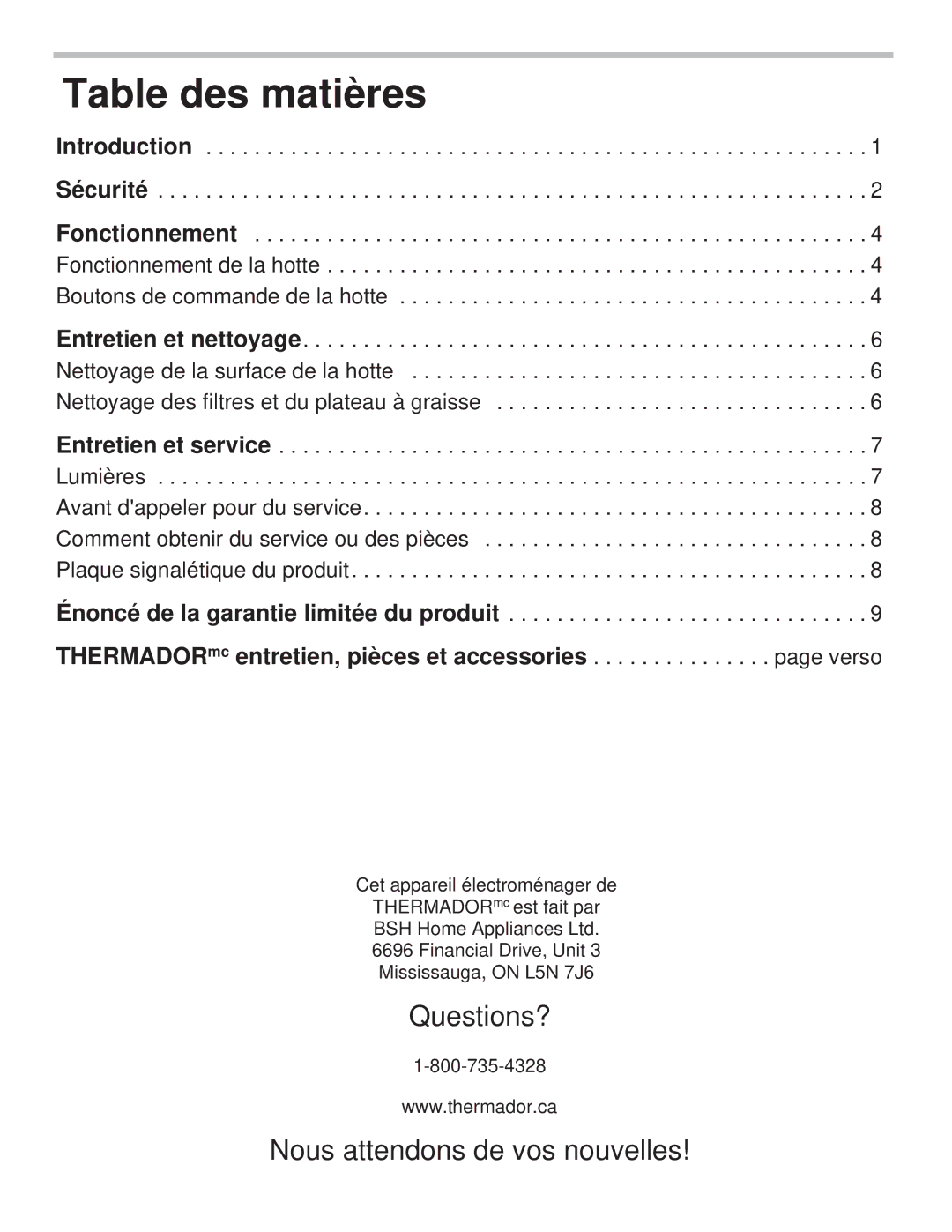 Thermador PH48GS, PH54GS, PH48HS, PH42GS, PH36HS, PH30HS, PH36GS manual Table des matières 