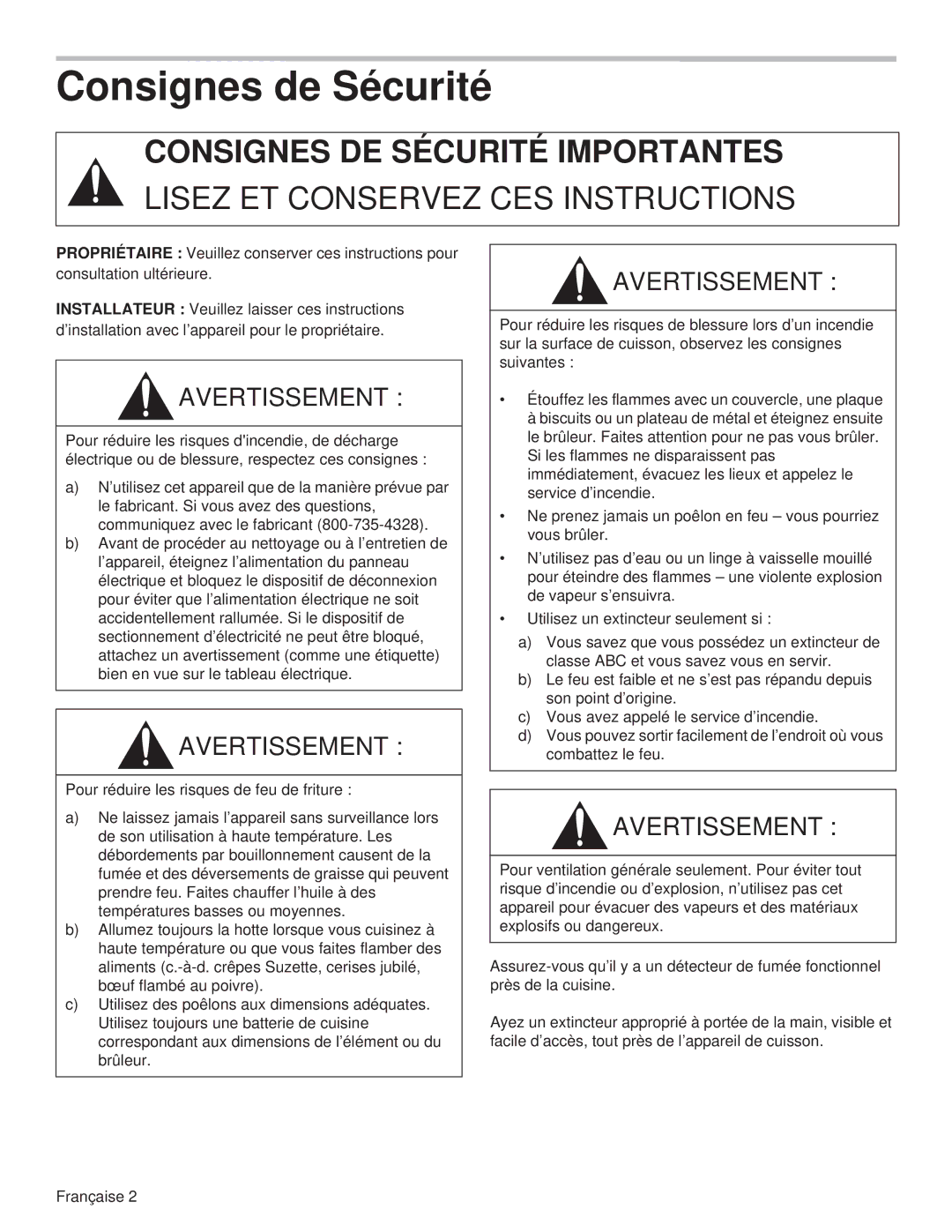 Thermador PH36HS, PH54GS, PH48HS, PH48GS, PH42GS, PH30HS, PH36GS manual Consignes de Sécurité 