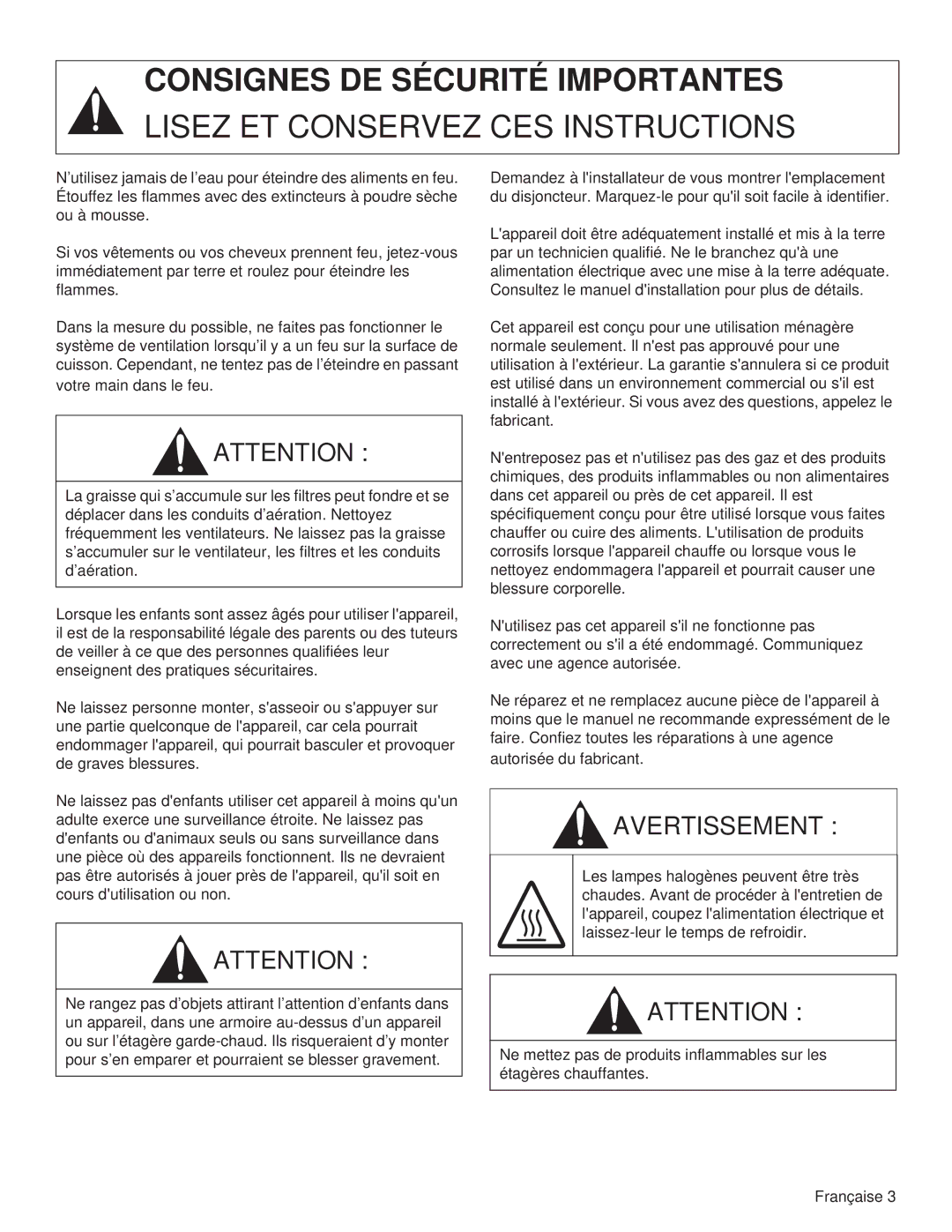 Thermador PH30HS, PH54GS, PH48HS, PH48GS, PH42GS, PH36HS, PH36GS manual Consignes DE Sécurité Importantes 