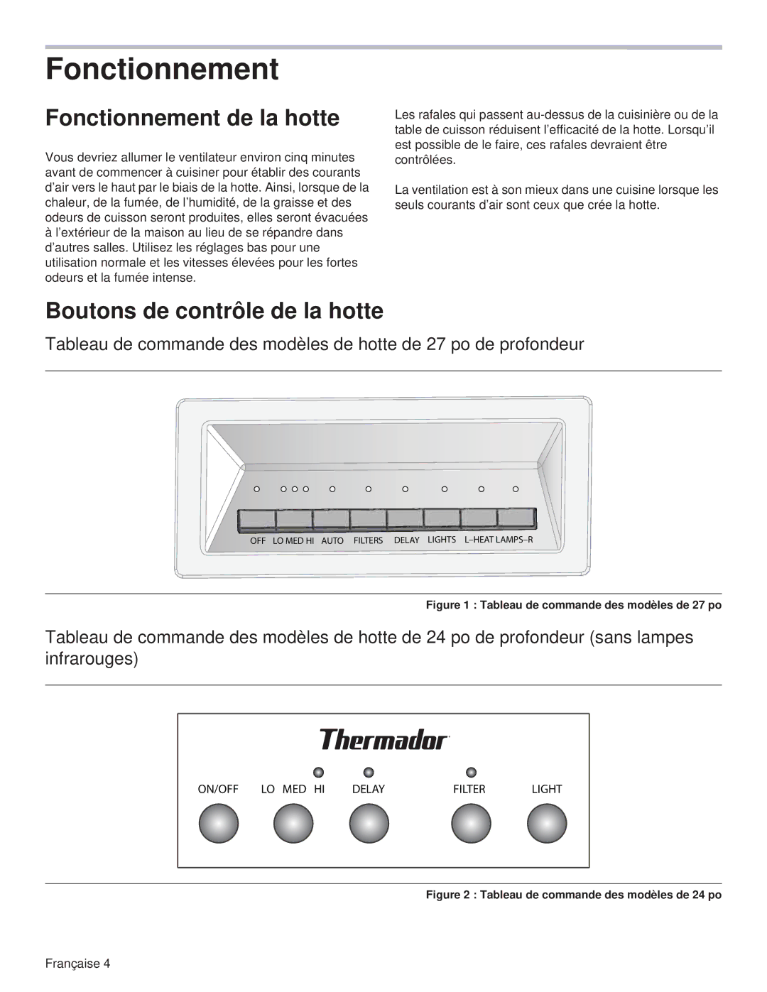 Thermador PH36GS, PH54GS, PH48HS, PH48GS, PH42GS, PH36HS manual Fonctionnement de la hotte, Boutons de contrôle de la hotte 