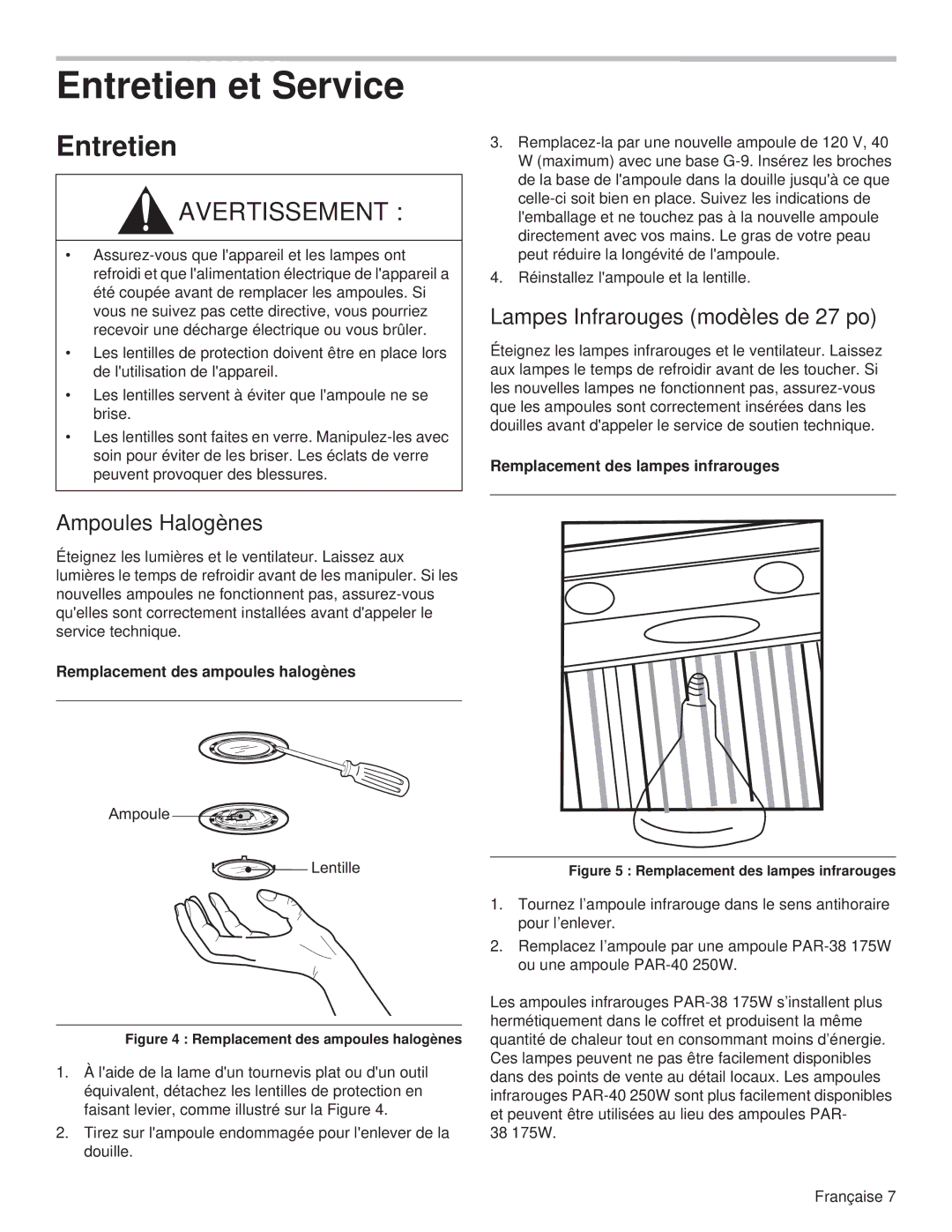 Thermador PH48GS, PH54GS, PH48HS, PH42GS manual Entretien et Service, Lampes Infrarouges modèles de 27 po, Ampoules Halogènes 