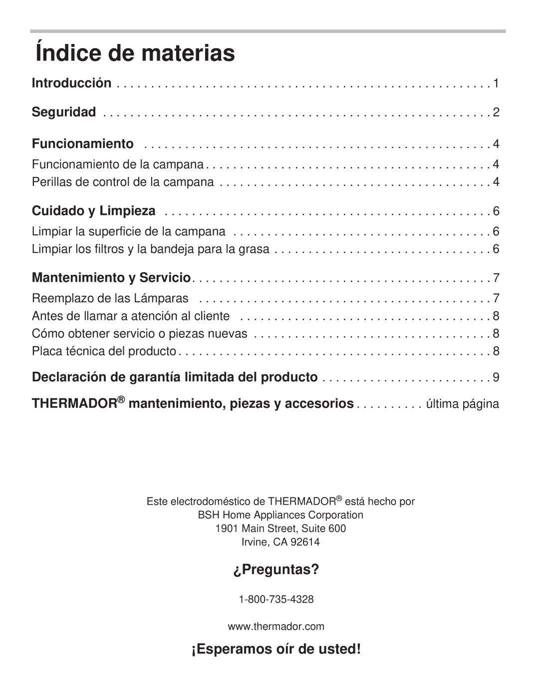 Thermador PH36GS, PH54GS, PH48HS, PH48GS, PH42GS, PH36HS, PH30HS manual Índice de materias 