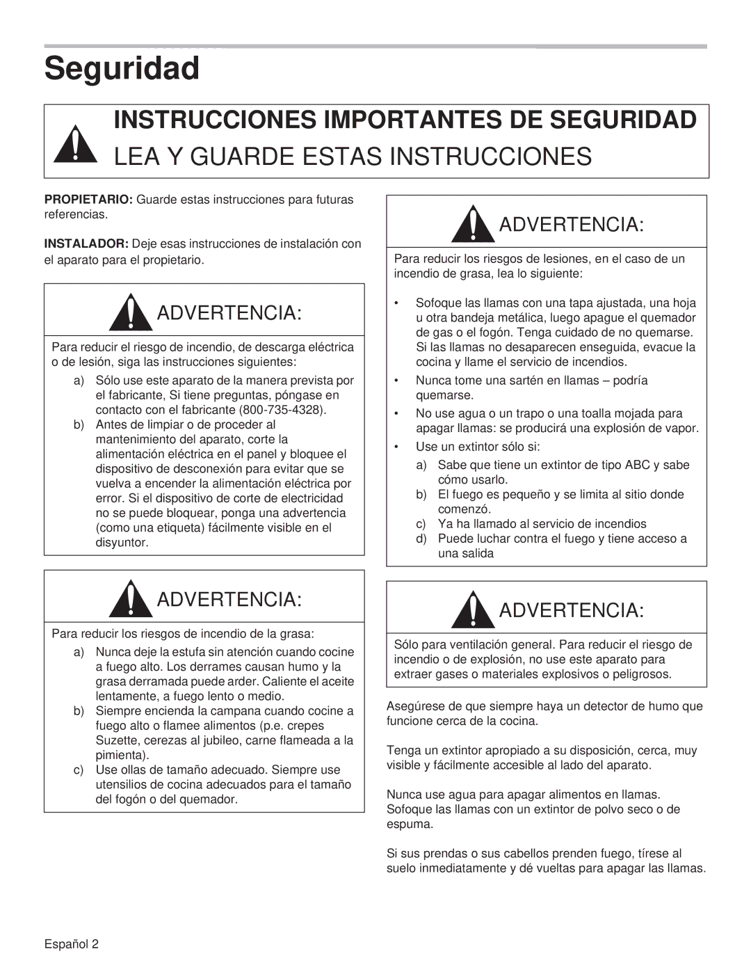 Thermador PH48HS, PH54GS, PH48GS, PH42GS, PH36HS, PH30HS, PH36GS manual Seguridad 