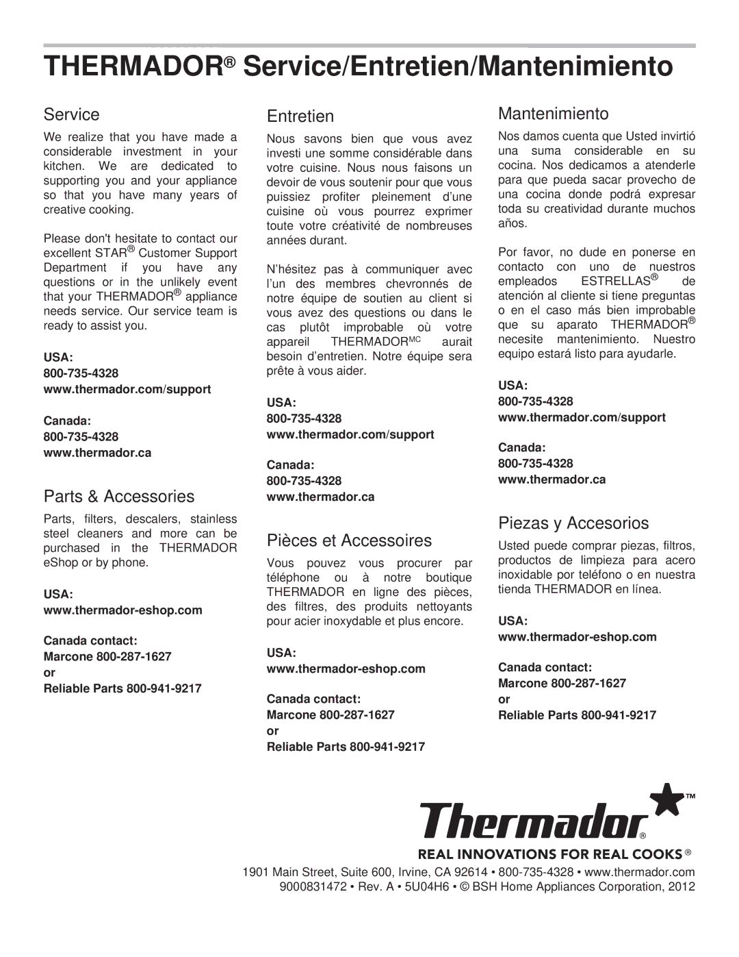 Thermador PH42GS manual Service, Parts & Accessories, Entretien, Pièces et Accessoires, Mantenimiento, Piezas y Accesorios 