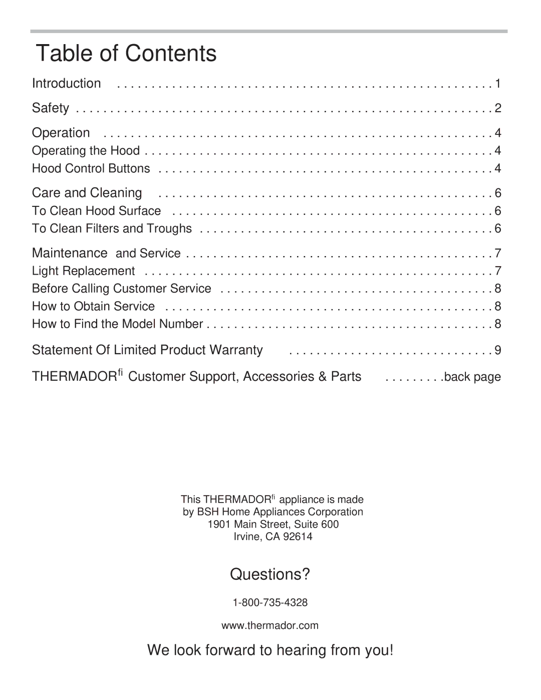 Thermador PH30HS, PH54GS, PH48HS, PH48GS, PH42GS, PH36HS, PH36GS manual Table of Contents 