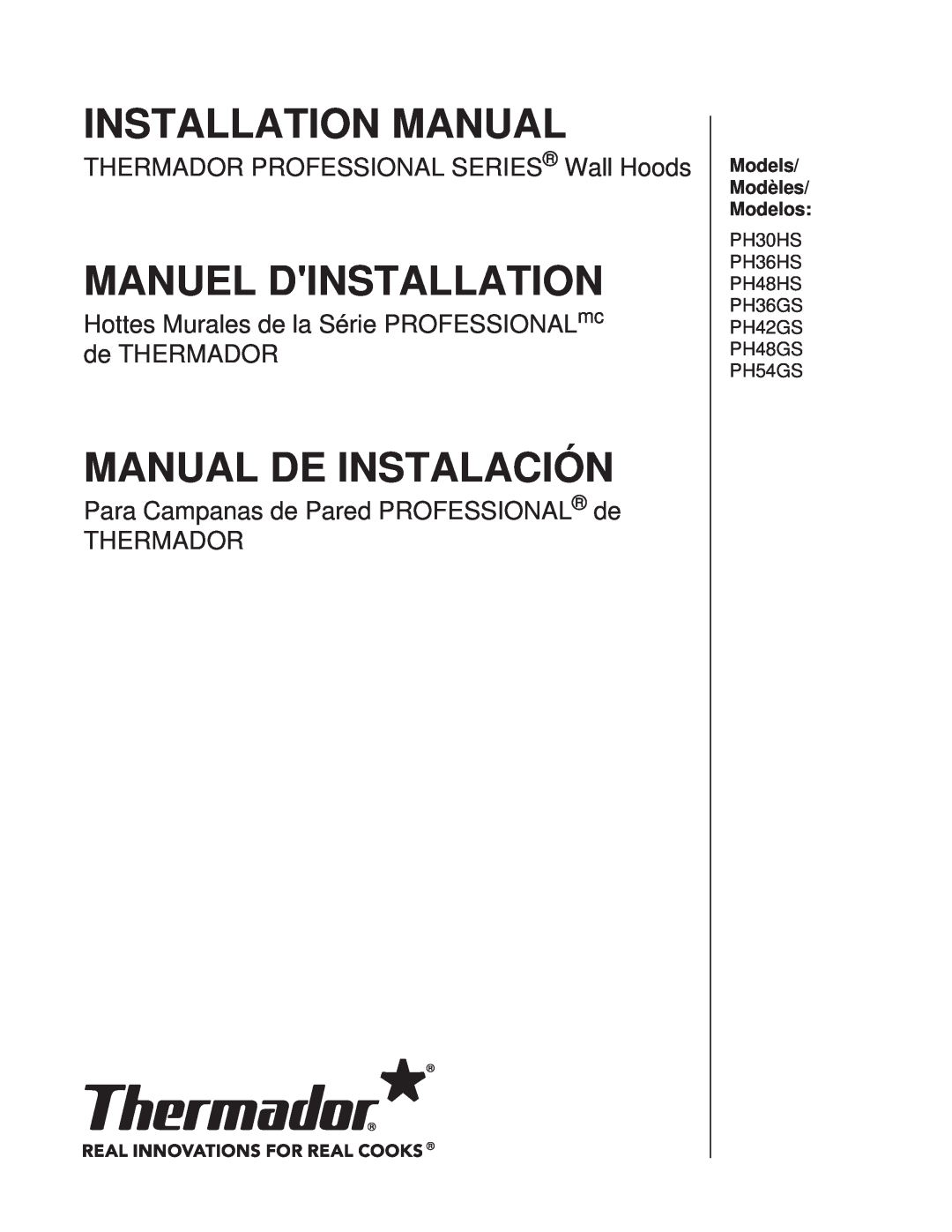 Thermador PH48HS, PH54GS, PH48GS installation manual Installation Manual, Manuel Dinstallation, Manual De Instalación 