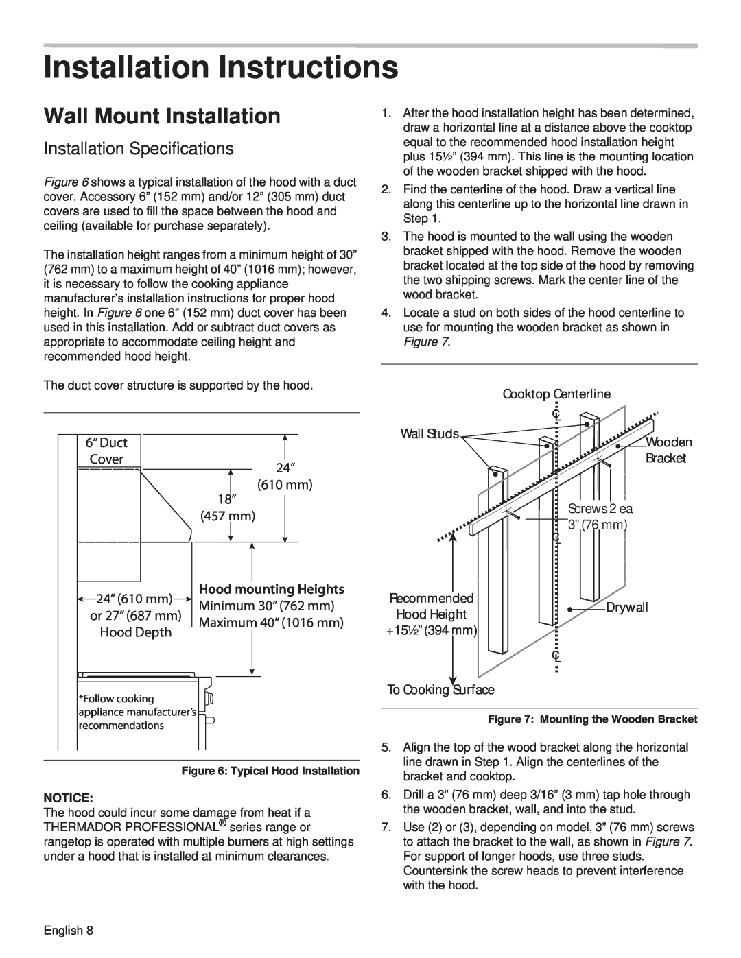 Thermador PH42GS Installation Instructions, Wall Mount Installation, 6” Duct Cover 24” 610 mm 18” 457 mm, Hood Depth 