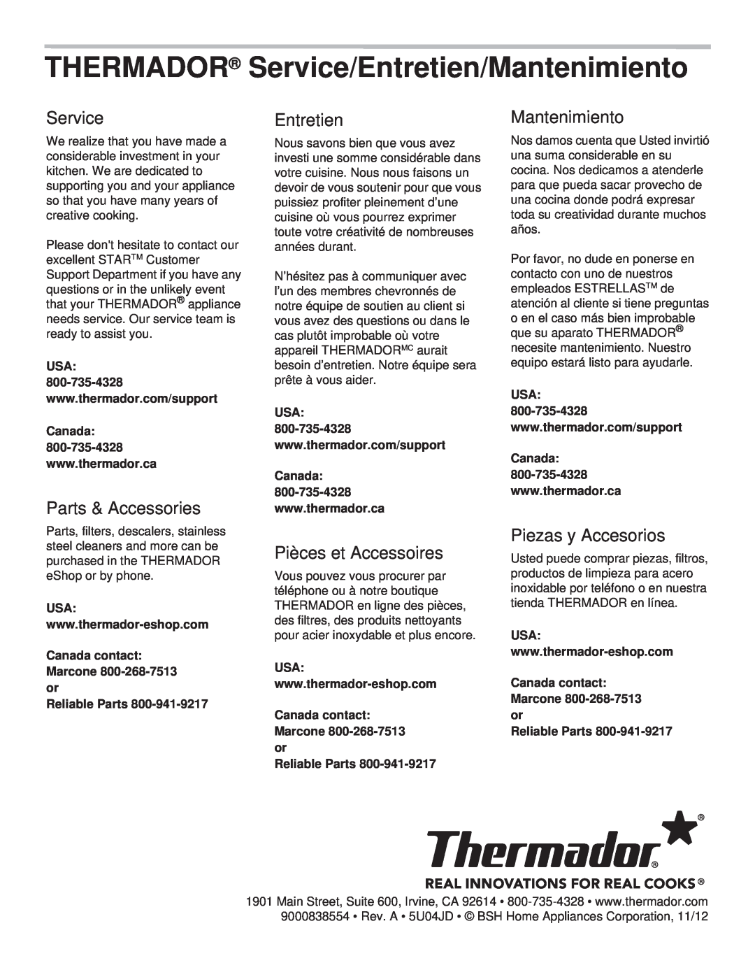 Thermador PH36HS THERMADOR Service/Entretien/Mantenimiento, Canada contact Marcone 800-268-7513 or Reliable Parts 