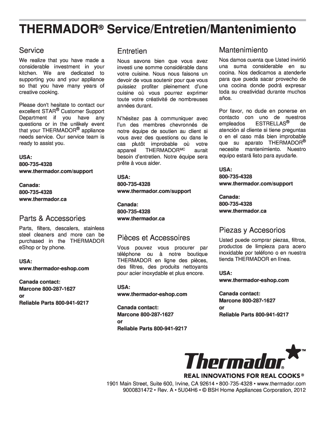 Thermador PH42GS manual Service, Parts & Accessories, Entretien, Pièces et Accessoires, Mantenimiento, Piezas y Accesorios 