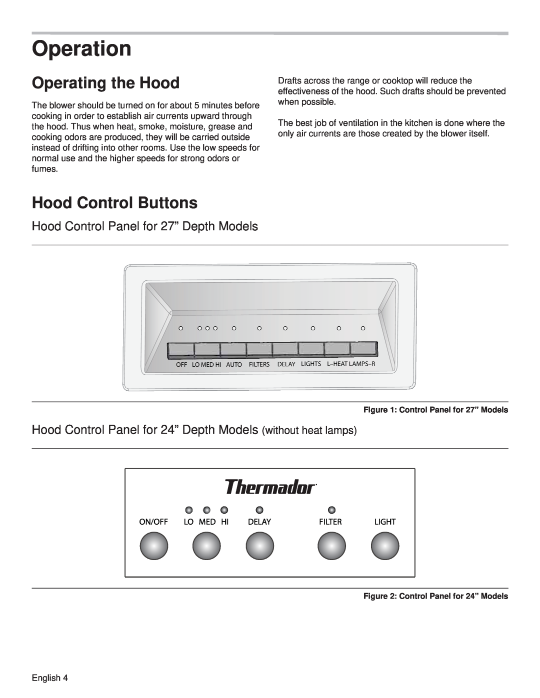 Thermador PH48GS manual Operation, Operating the Hood, Hood Control Buttons, Hood Control Panel for 27” Depth Models, Delay 
