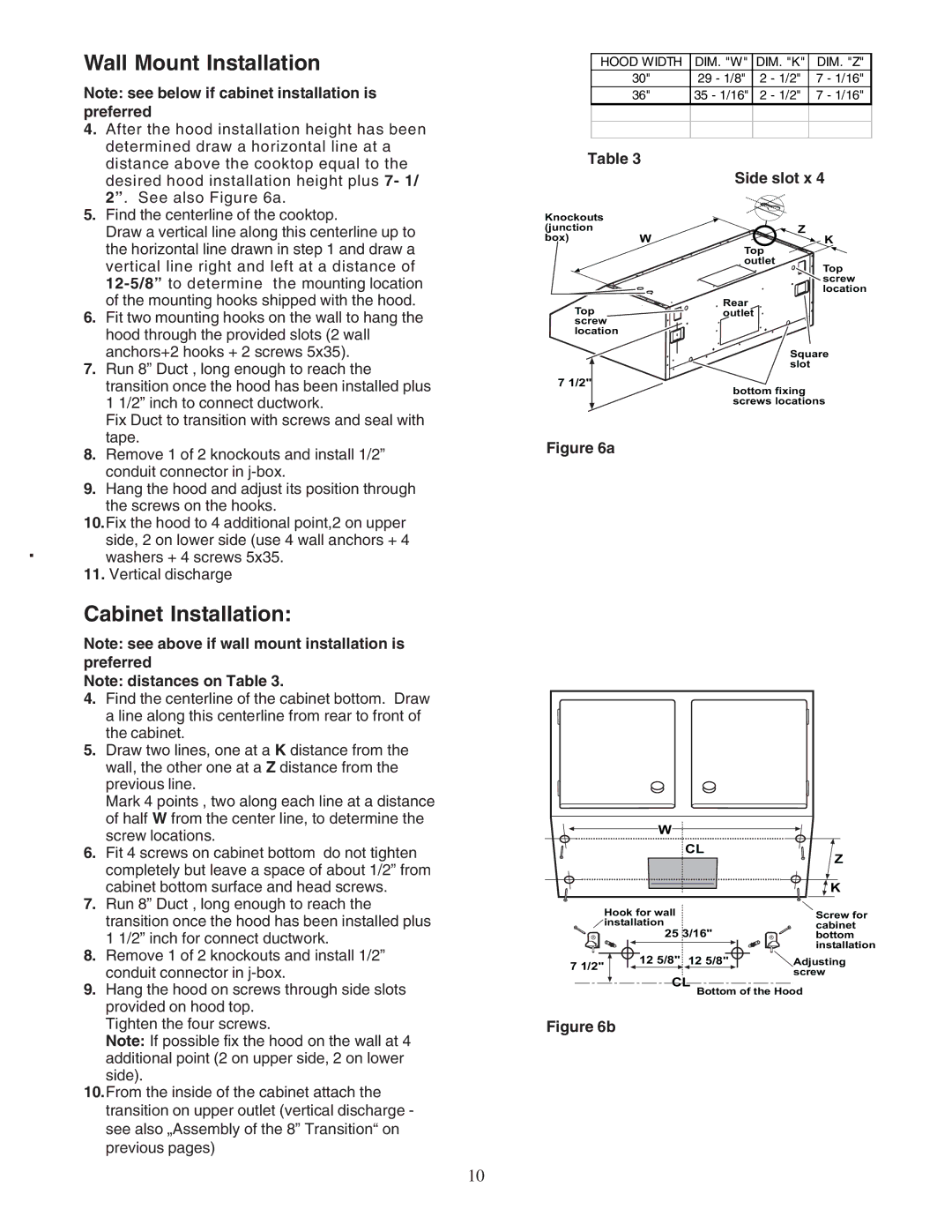 Thermador PHH30DS, PHH36DS manual Wall Mount Installation, Cabinet Installation, Side slot x 