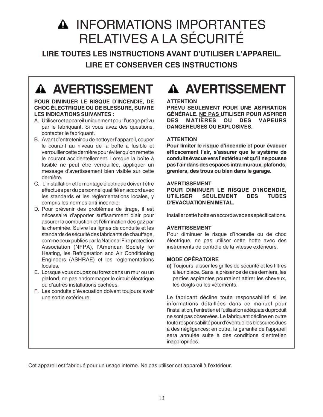 Thermador PHH36DS, PHH30DS manual Avertissement, Mode Opératoire 