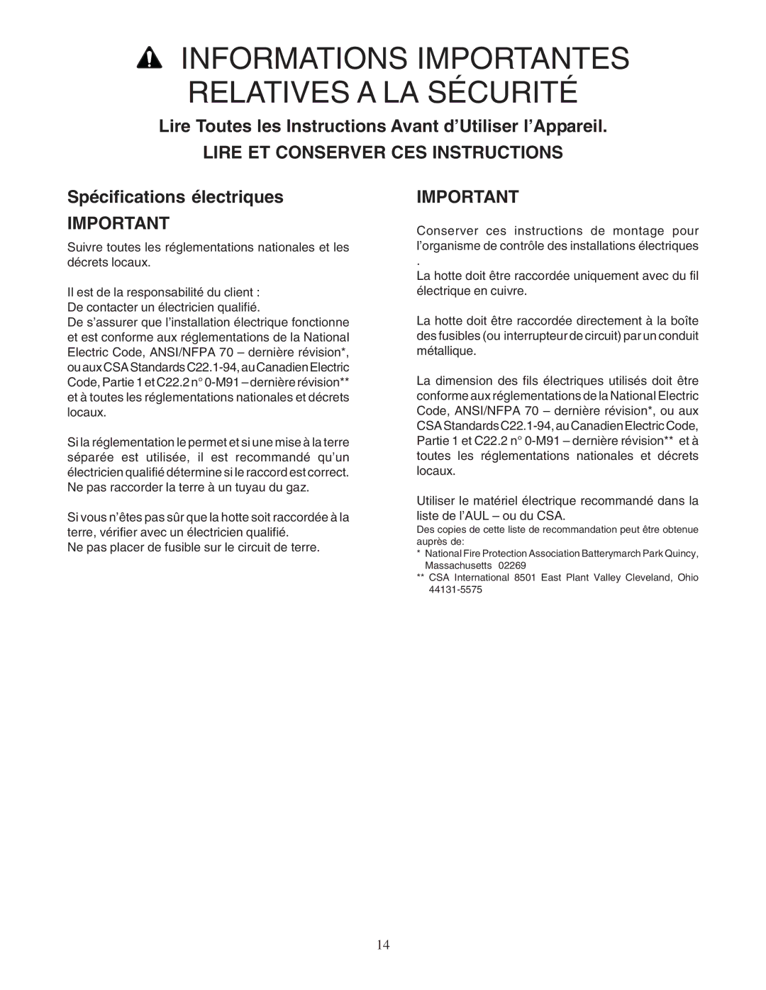 Thermador PHH30DS, PHH36DS manual Lire Toutes les Instructions Avant d’Utiliser l’Appareil, Spécifications électriques 