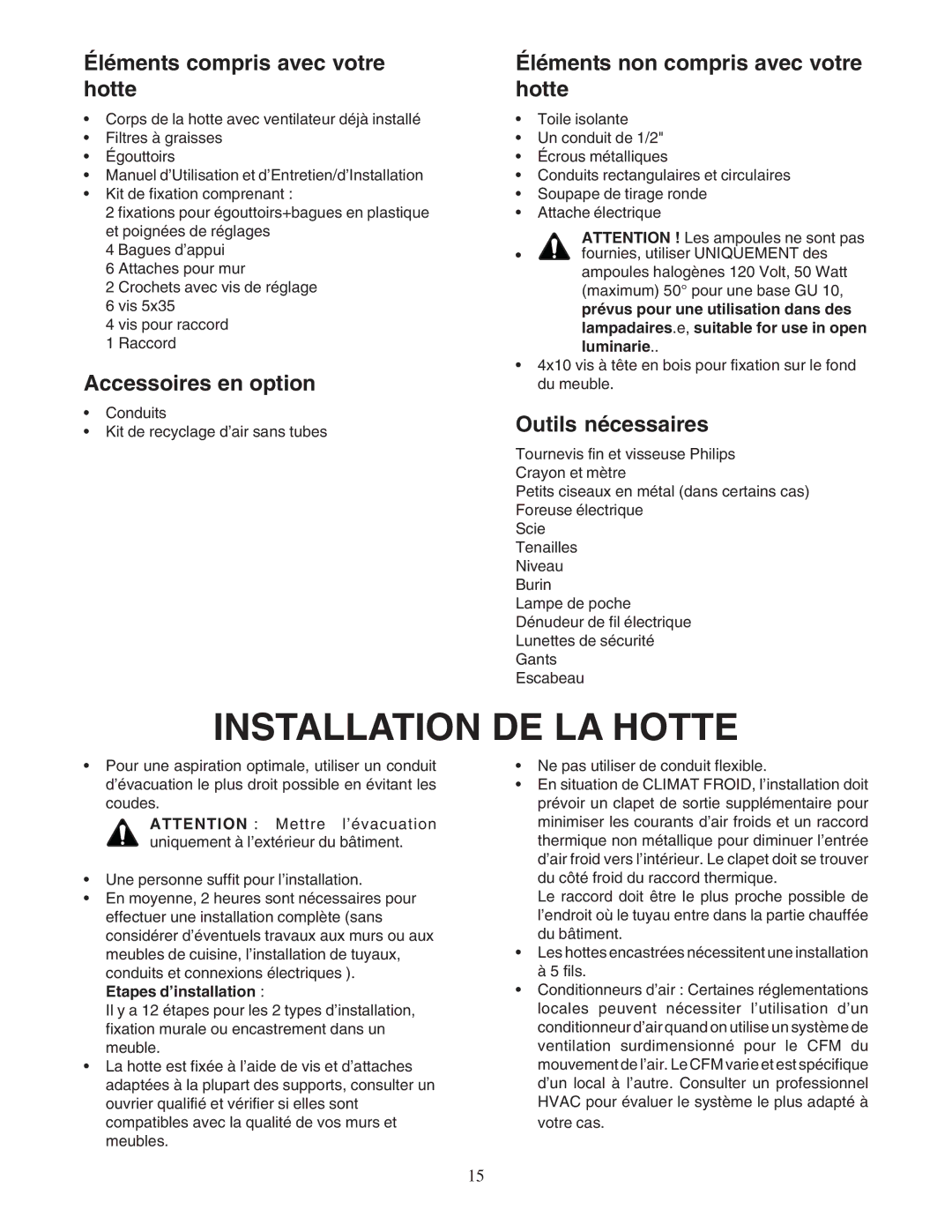 Thermador PHH36DS Installation DE LA Hotte, Éléments compris avec votre hotte, Accessoires en option, Outils nécessaires 