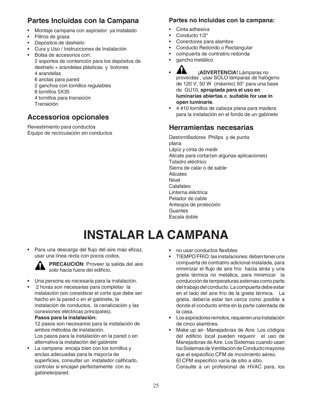 Thermador PHH36DS Instalar LA Campana, Partes Incluidas con la Campana, Accessorios opcionales, Herramientas necesarias 