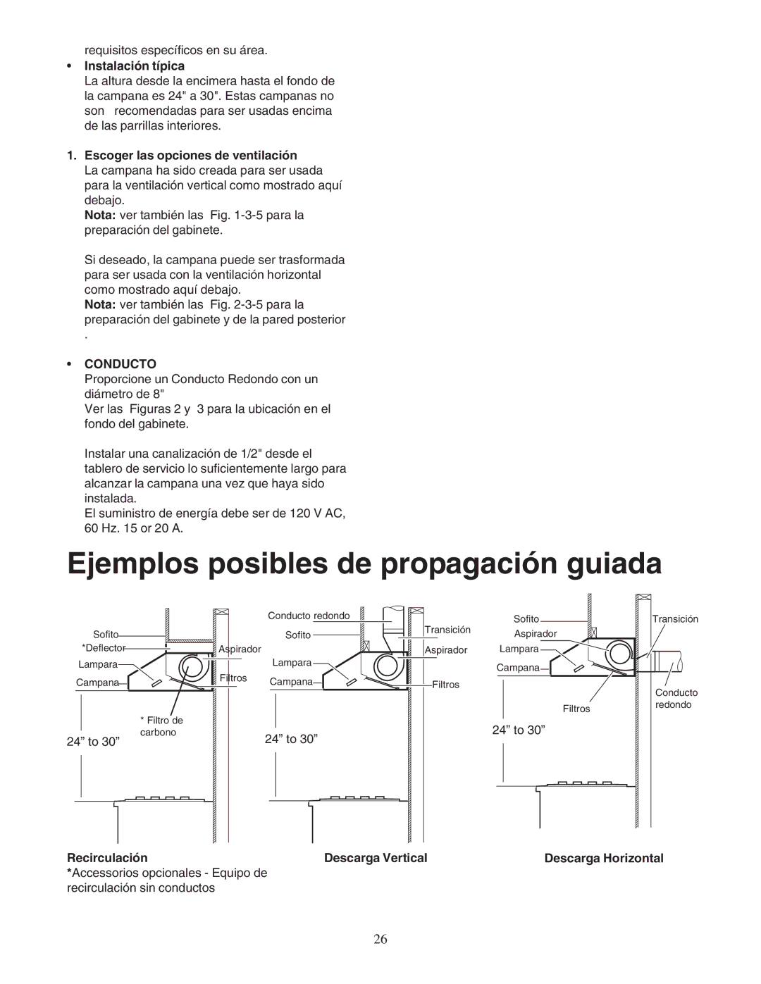 Thermador PHH30DS, PHH36DS manual Instalación típica, Escoger las opciones de ventilación, Conducto 