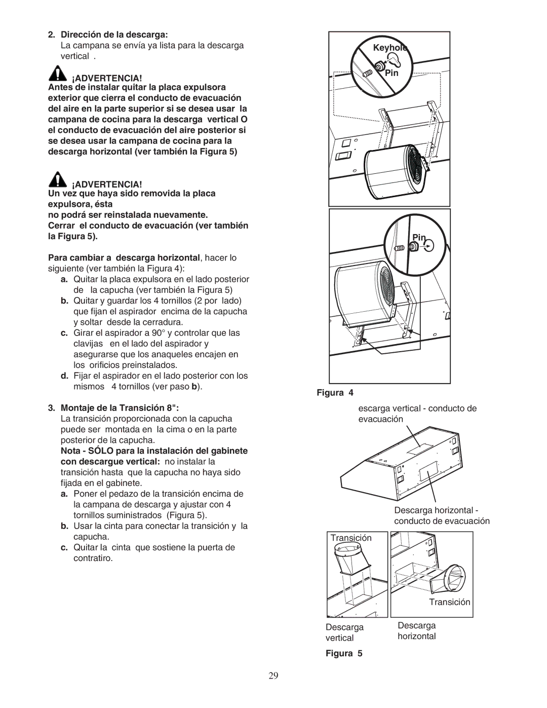 Thermador PHH36DS Dirección de la descarga, ¡Advertencia, Montaje de la Transición, Con descargue vertical no instalar la 