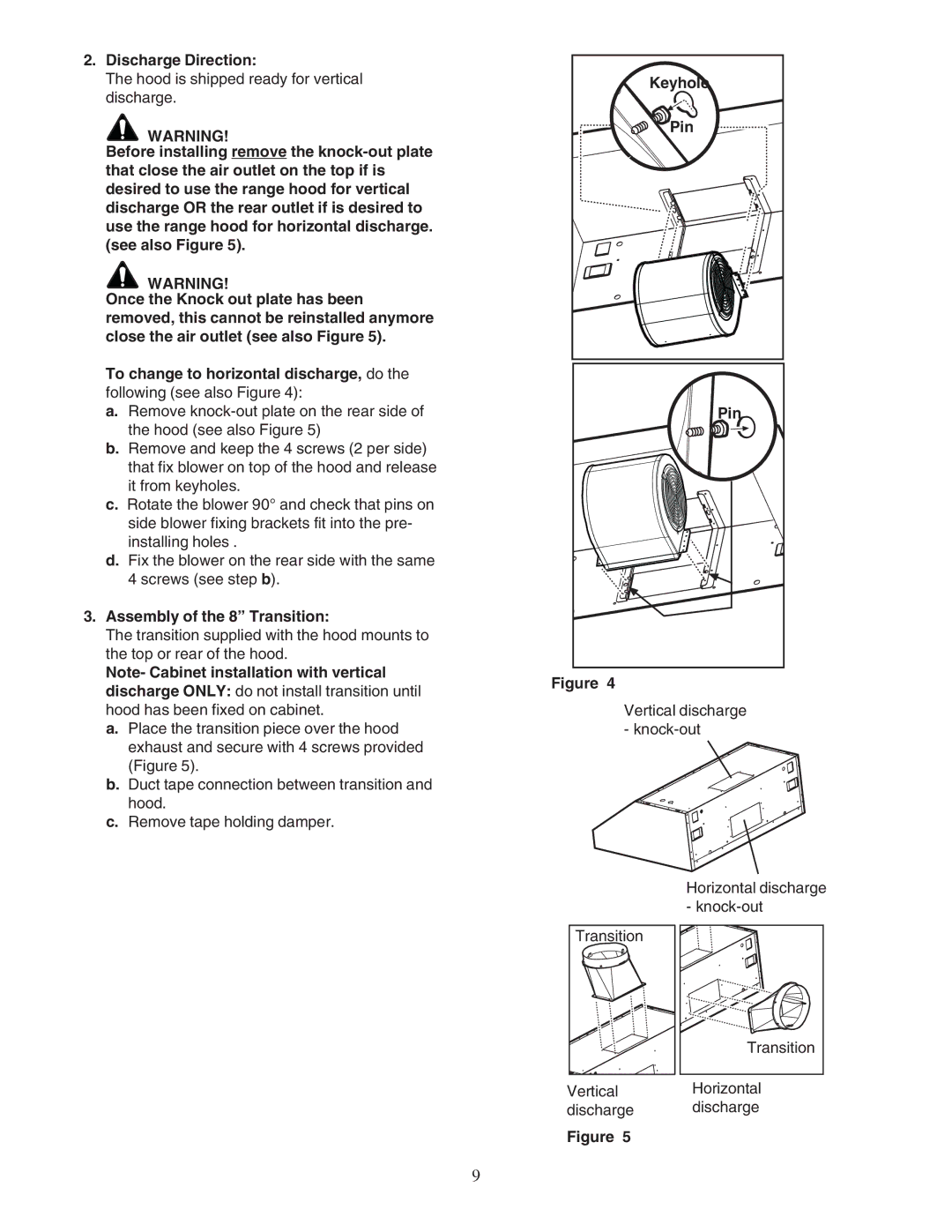 Thermador PHH36DS, PHH30DS manual Discharge Direction, Assembly of the 8 Transition, Keyhole, Pin 